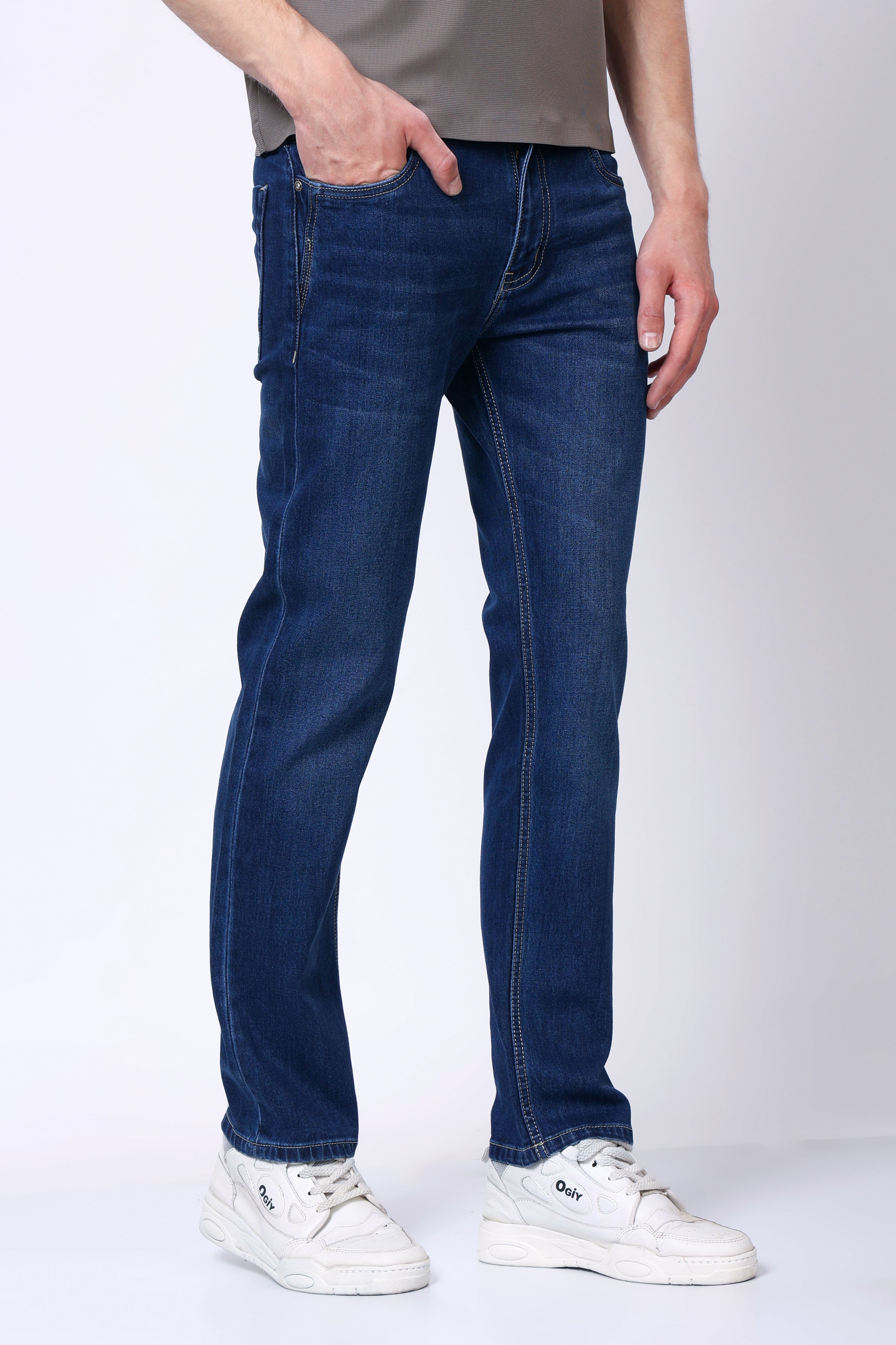 Stylox Men’s Mid-Rise Comfort Fit Stretchable Mid Dark Blue Denim Jeans - Stylox