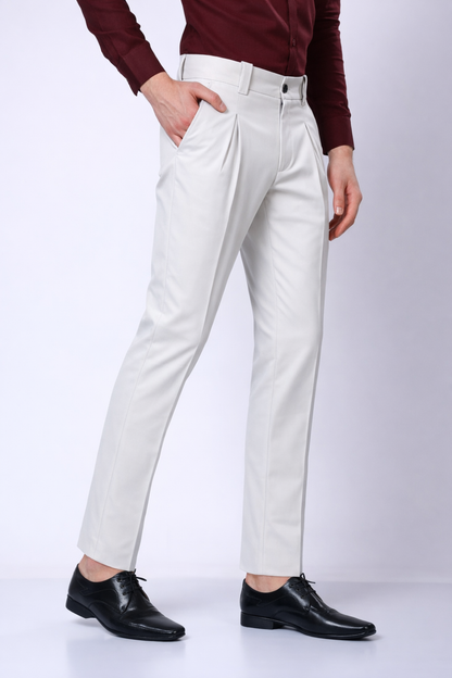 Stylox Men’s Slim Fit Pleated Formal Trousers – Premium Office Wear Pants with Side Pockets-White - Stylox