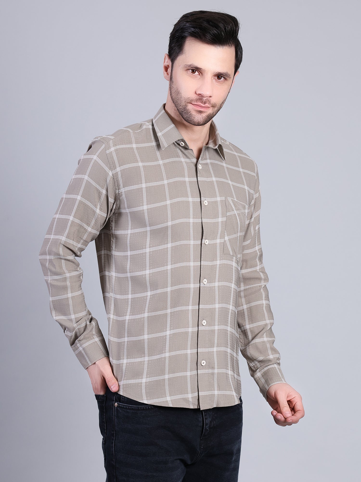 Stylox Men’s Checkered Full Sleeve Casual Shirt-Light Olive - Stylox