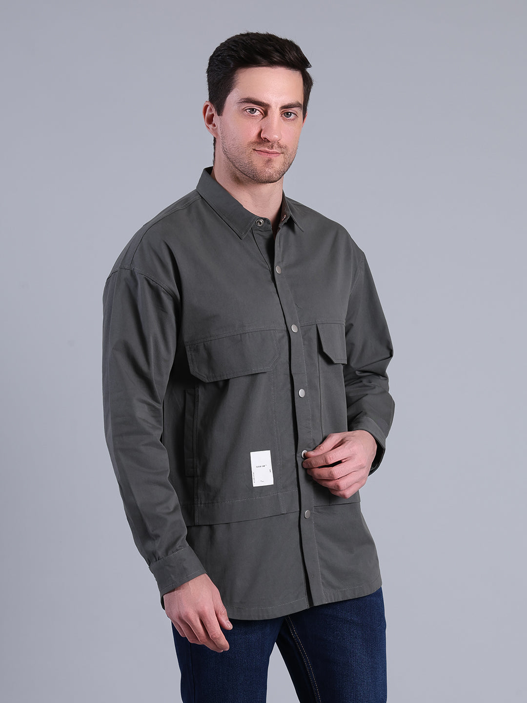 Stylox Men’s Solid Winter Shacket with Snap Buttons & Utility Pockets (Green)