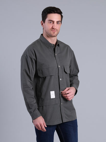 Stylox Men’s Solid Winter Shacket with Snap Buttons &amp; Utility Pockets
