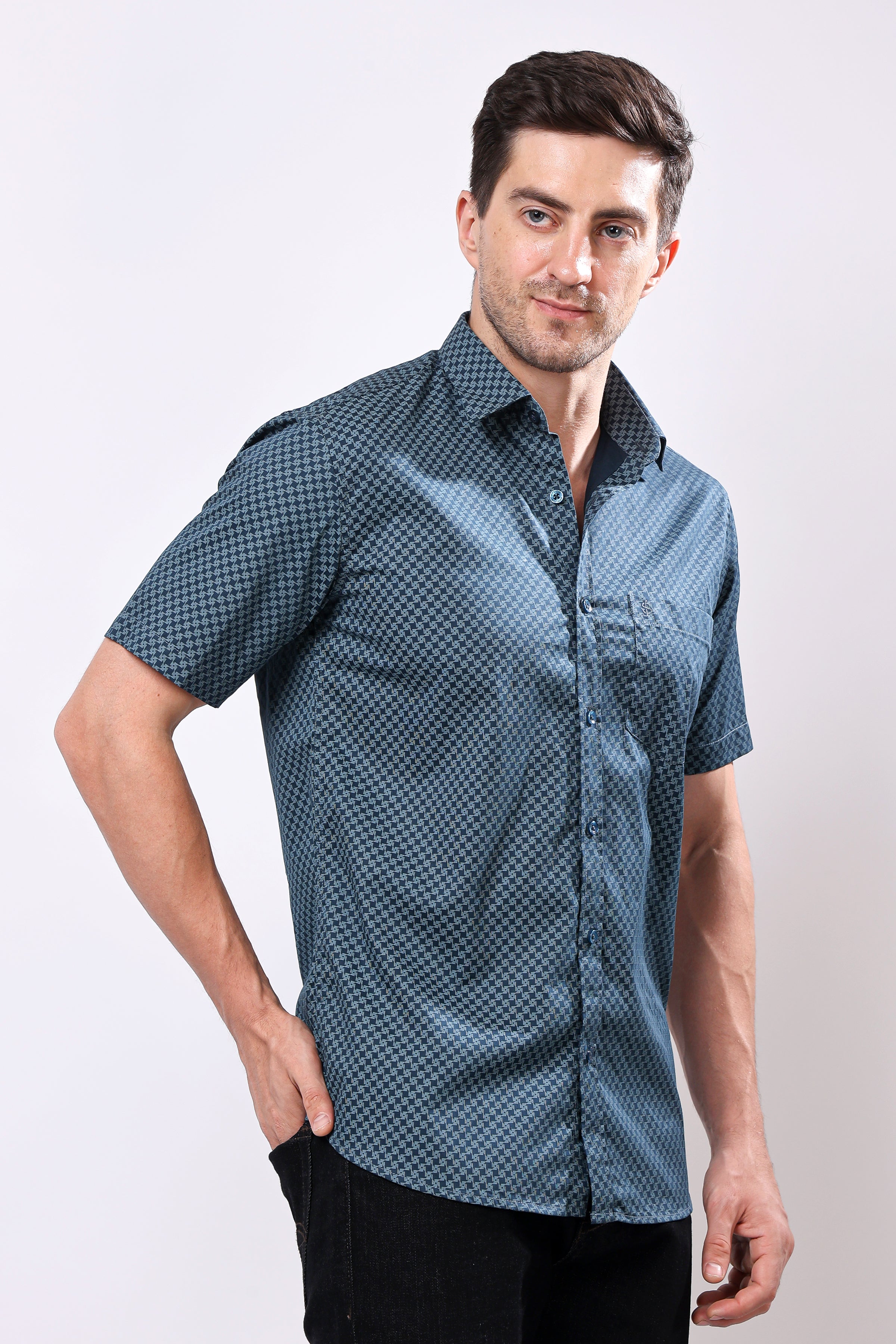 Stylox Men's Half Sleeve Geometric Print Casual Shirt – Premium Cotton Blend Regular Fit Summer Shirt - Stylox