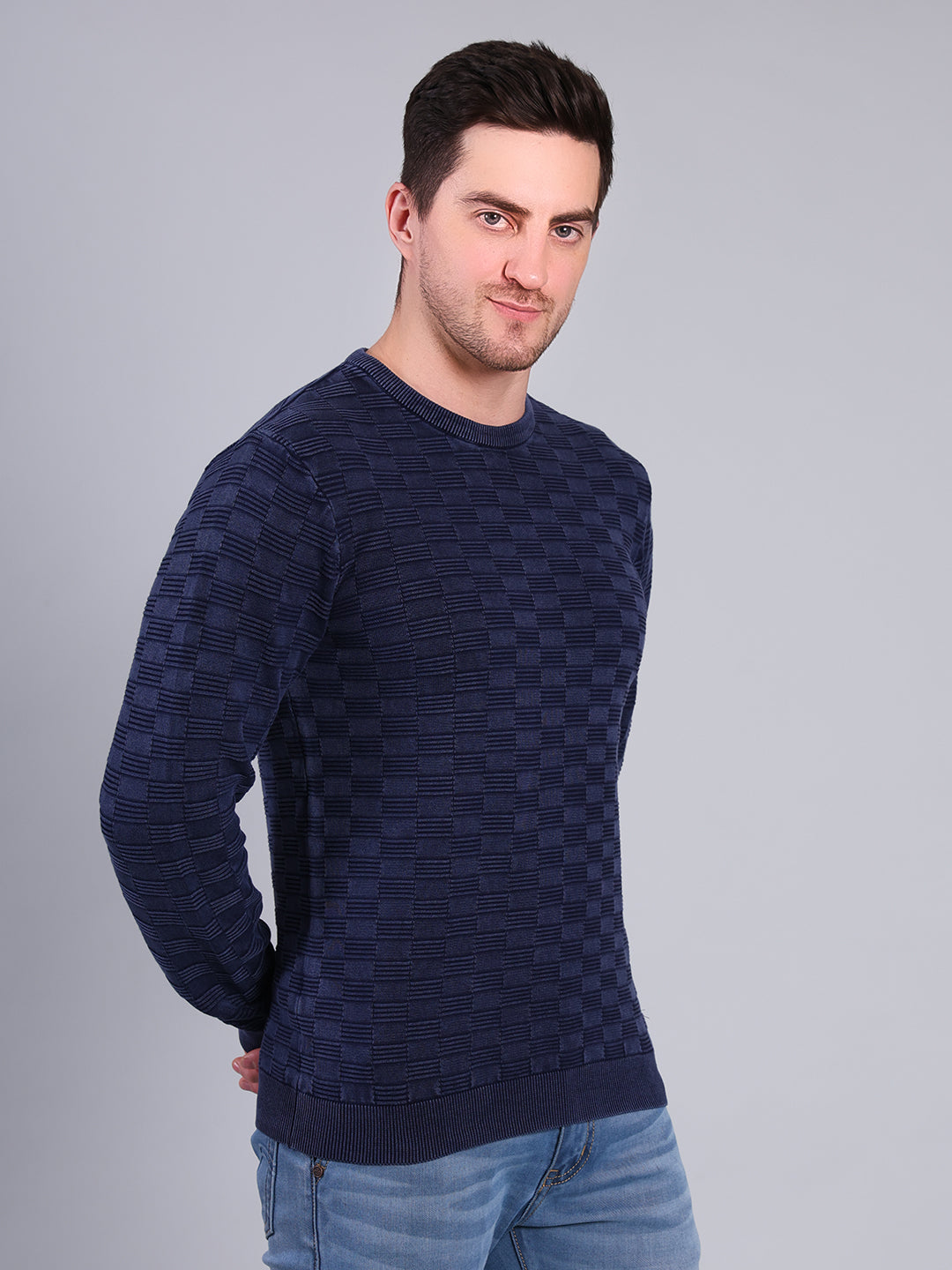 Stylox Men’s Textured Winter Sweater | Crew Neck Full Sleeve Knit Pullover | Premium Casual Wear (Navy Blue) - Stylox