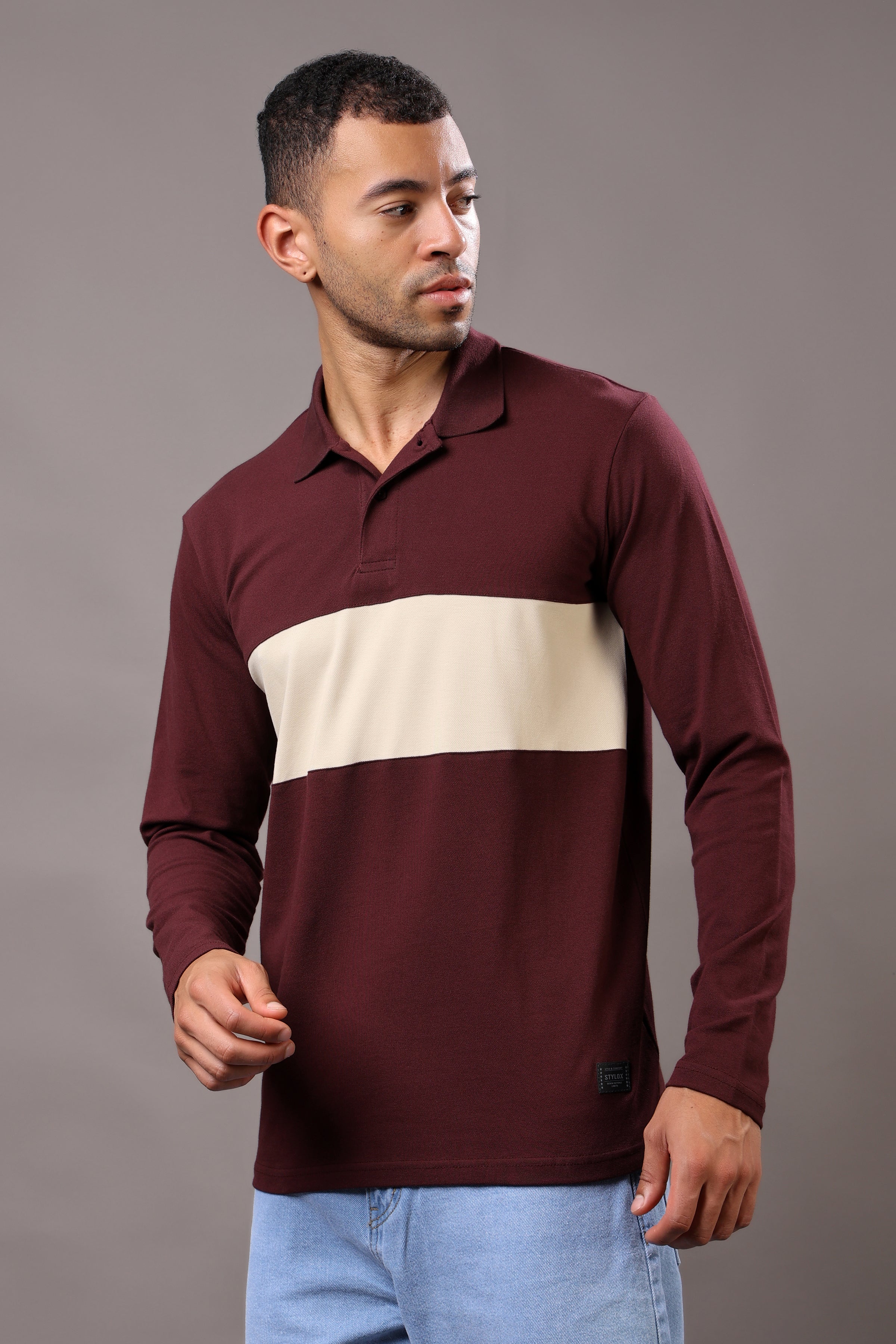 Stylox Men’s Long Sleeve Polo T-Shirt with Cut & Sew Design - Stylox