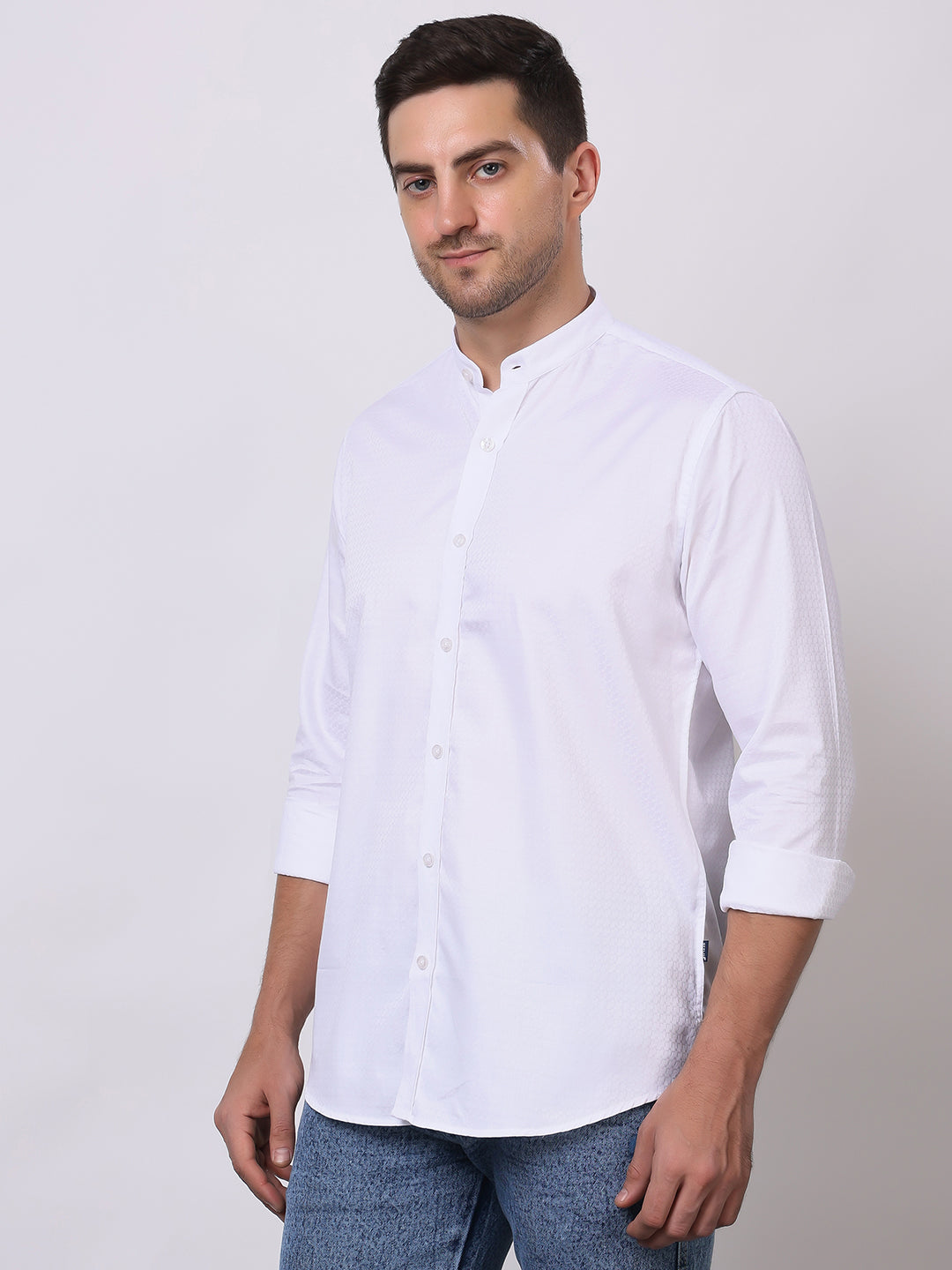 Stylox Men’s White Mandarin Collar Full Sleeve Casual Shirt - Stylox