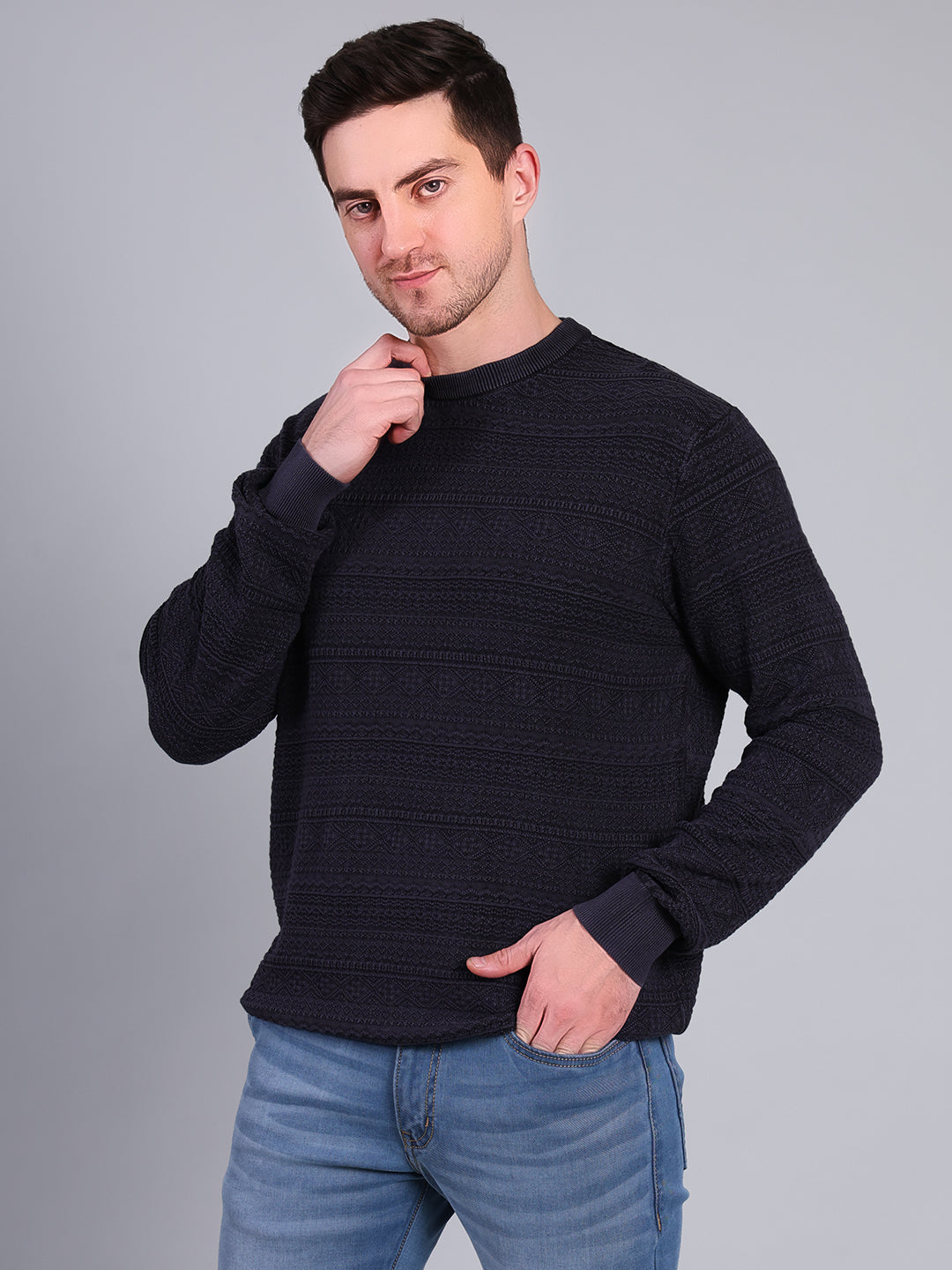 Stylox Men’s Winter Textured Sweater | Full Sleeve Round Neck Knit Pullover | Warm Casual Wear-Navy