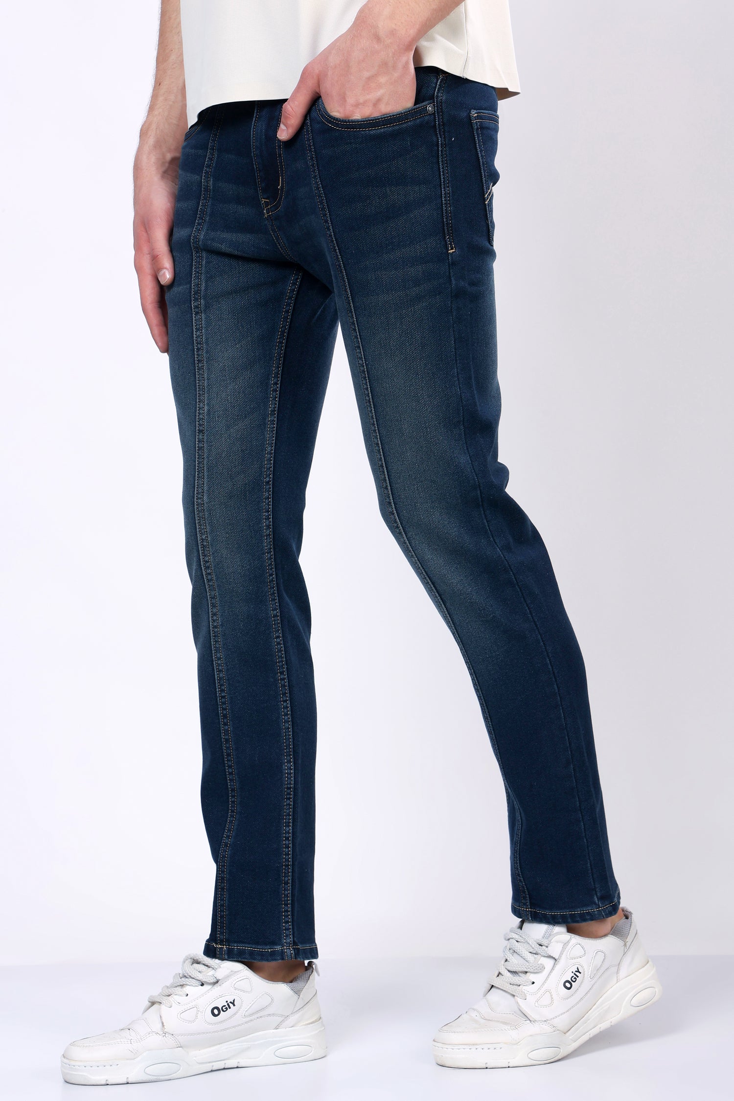 Stylox Men’s Mid-Rise Comfort Fit Stretchable Greenish Blue Denim Jeans with Panel Stitch Detailing - Stylox