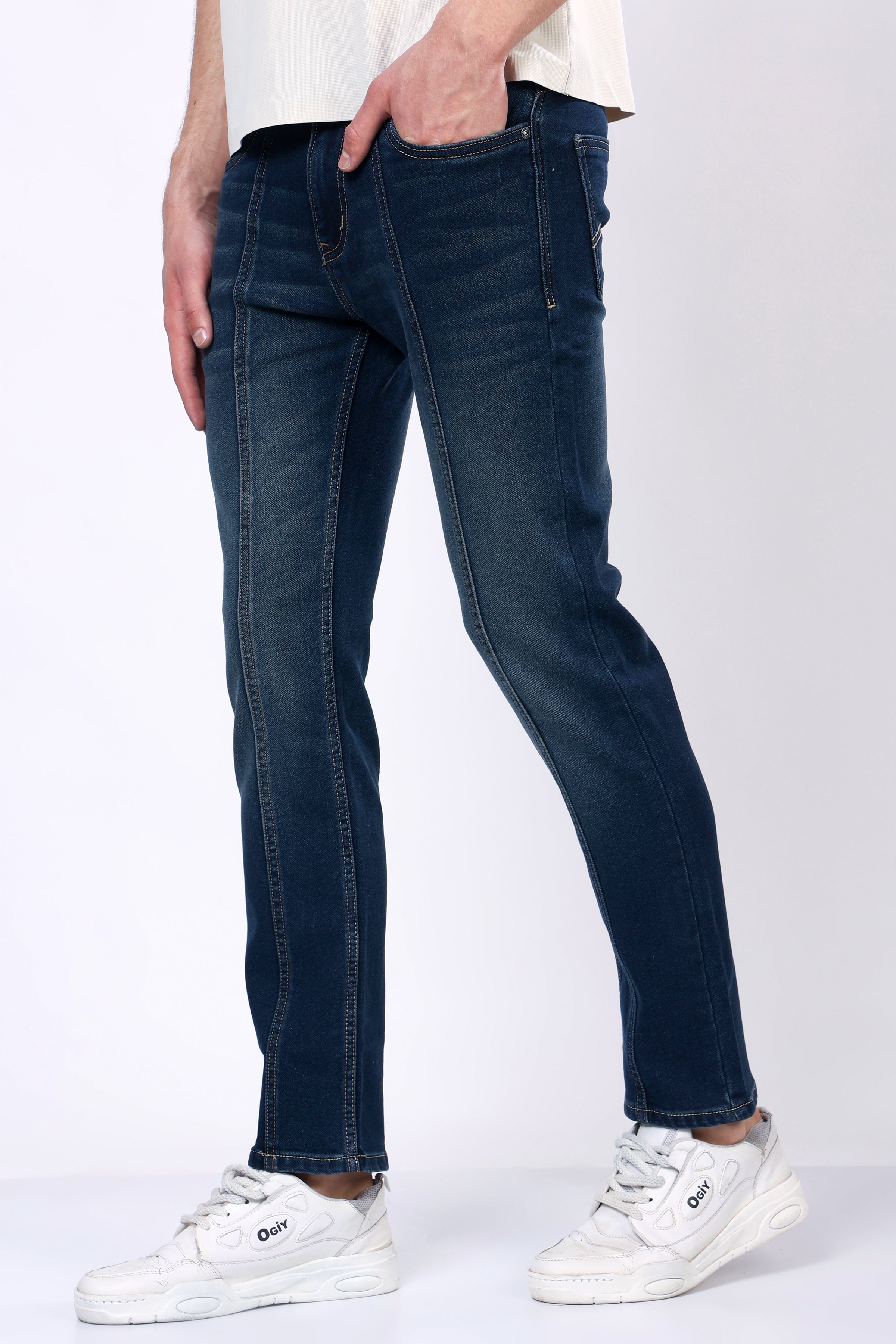 Stylox Men’s Mid-Rise Comfort Fit Stretchable Greenish Blue Denim Jeans with Panel Stitch Detailing - Stylox