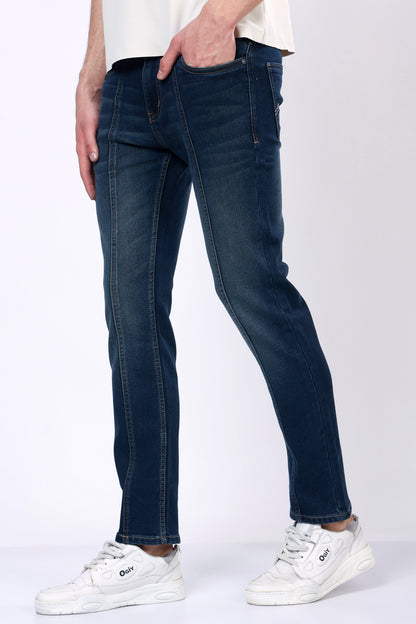 Stylox Men’s Mid-Rise Comfort Fit Stretchable Greenish Blue Denim Jeans with Panel Stitch Detailing - Stylox