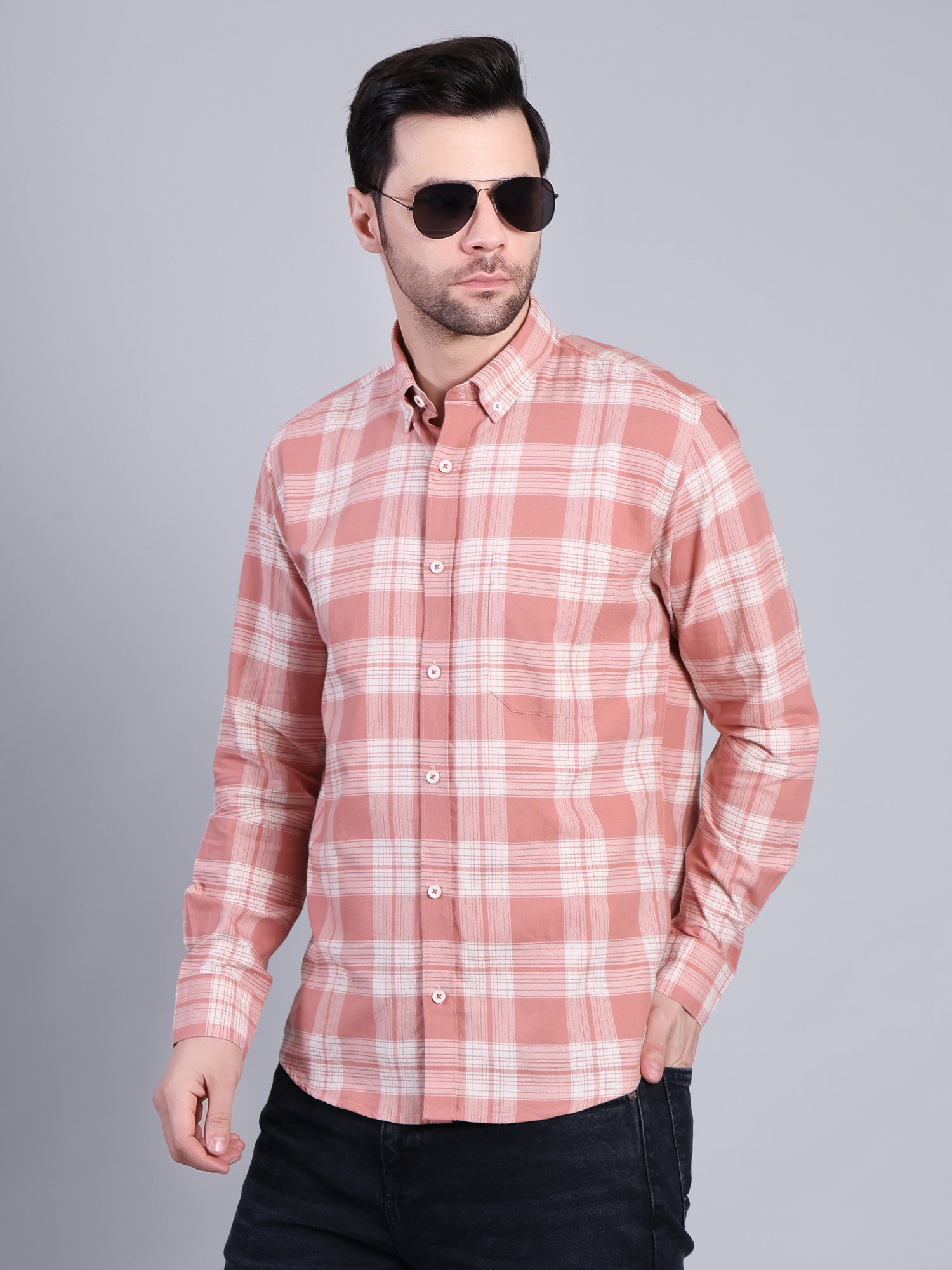 Stylox Men’s Checkered Full Sleeve Casual Shirt-Coral - Stylox