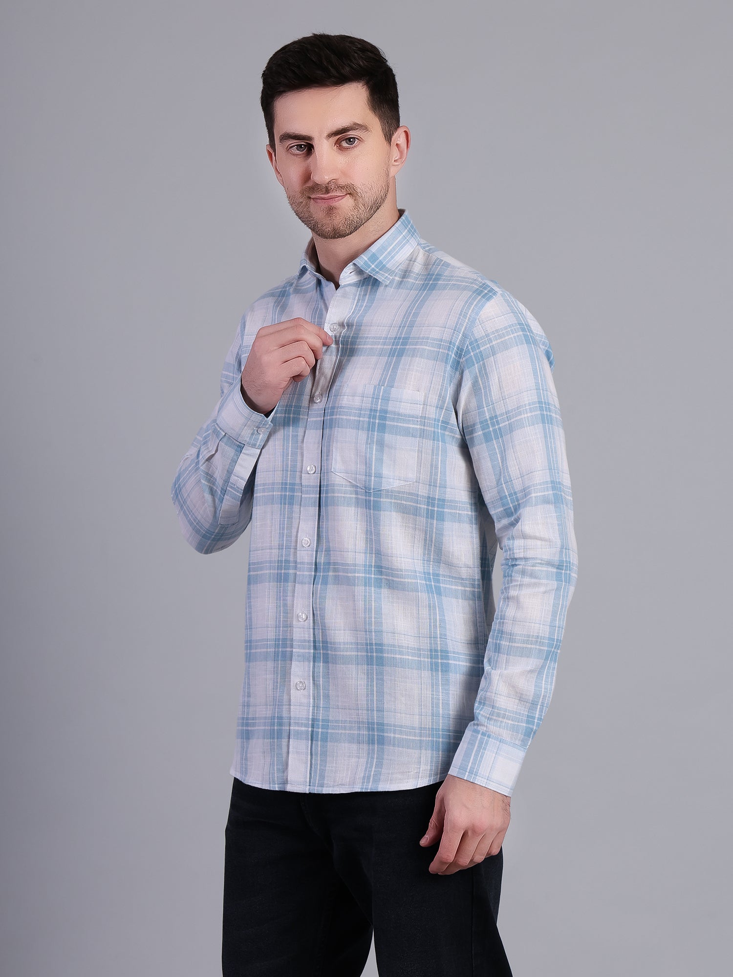 Stylox Men’s Regular Fit Checked Full Sleeve Casual Shirt-Sky Blue - Stylox