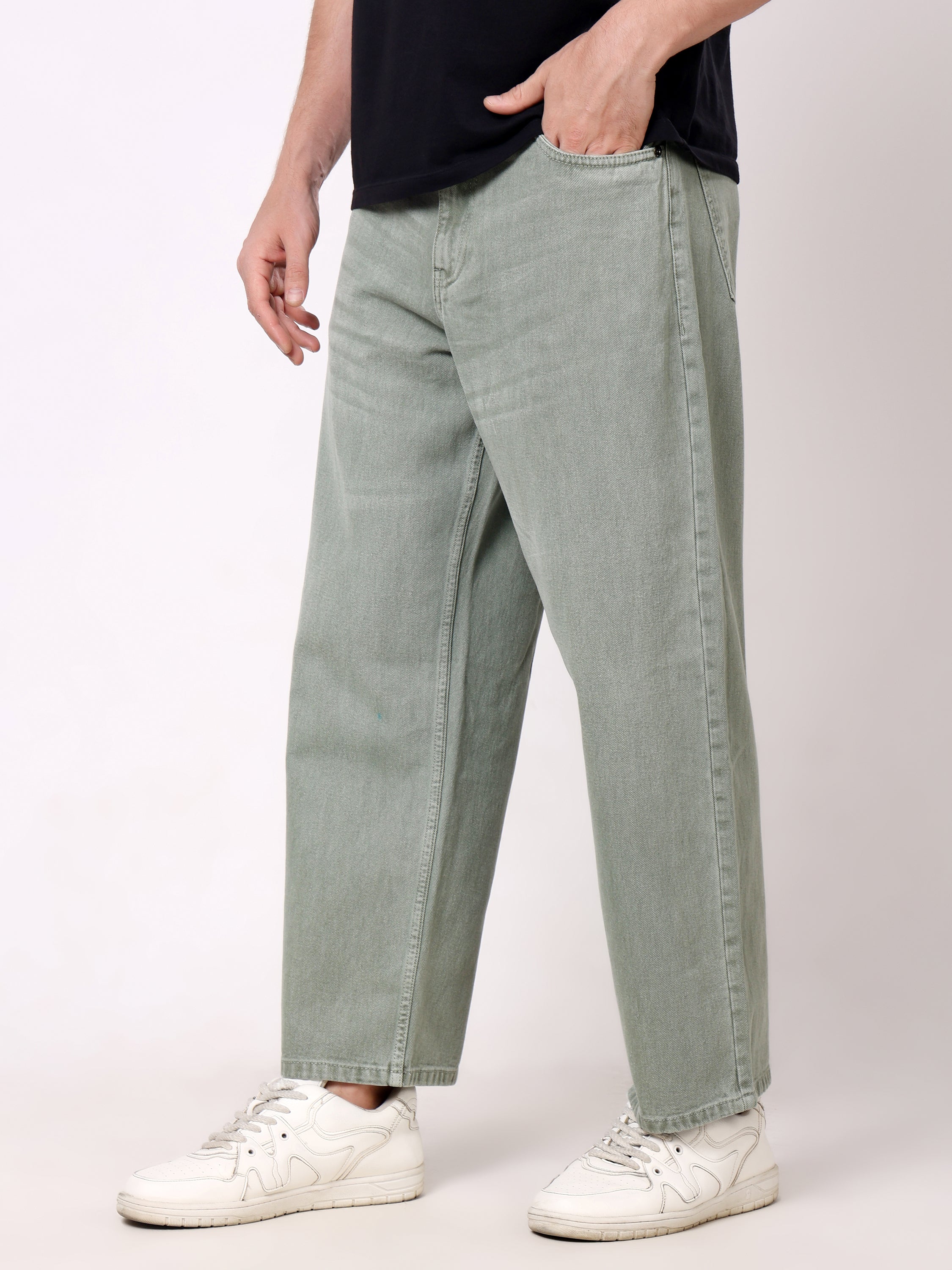 Stylox Men's Light Olive Super Baggy Fit Non-Stretchable Denim Jeans