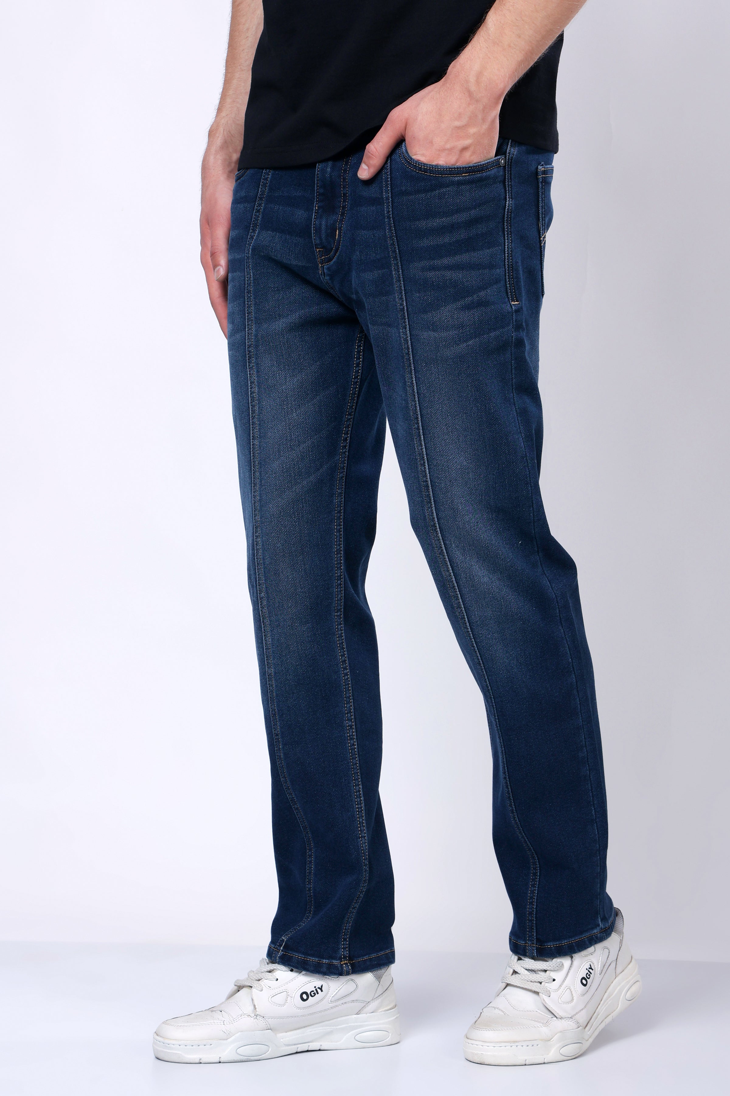 Stylox Men’s Mid-Rise Comfort Fit Stretchable Dark Blue Denim Jeans with Panel Stitch Detailing - Stylox