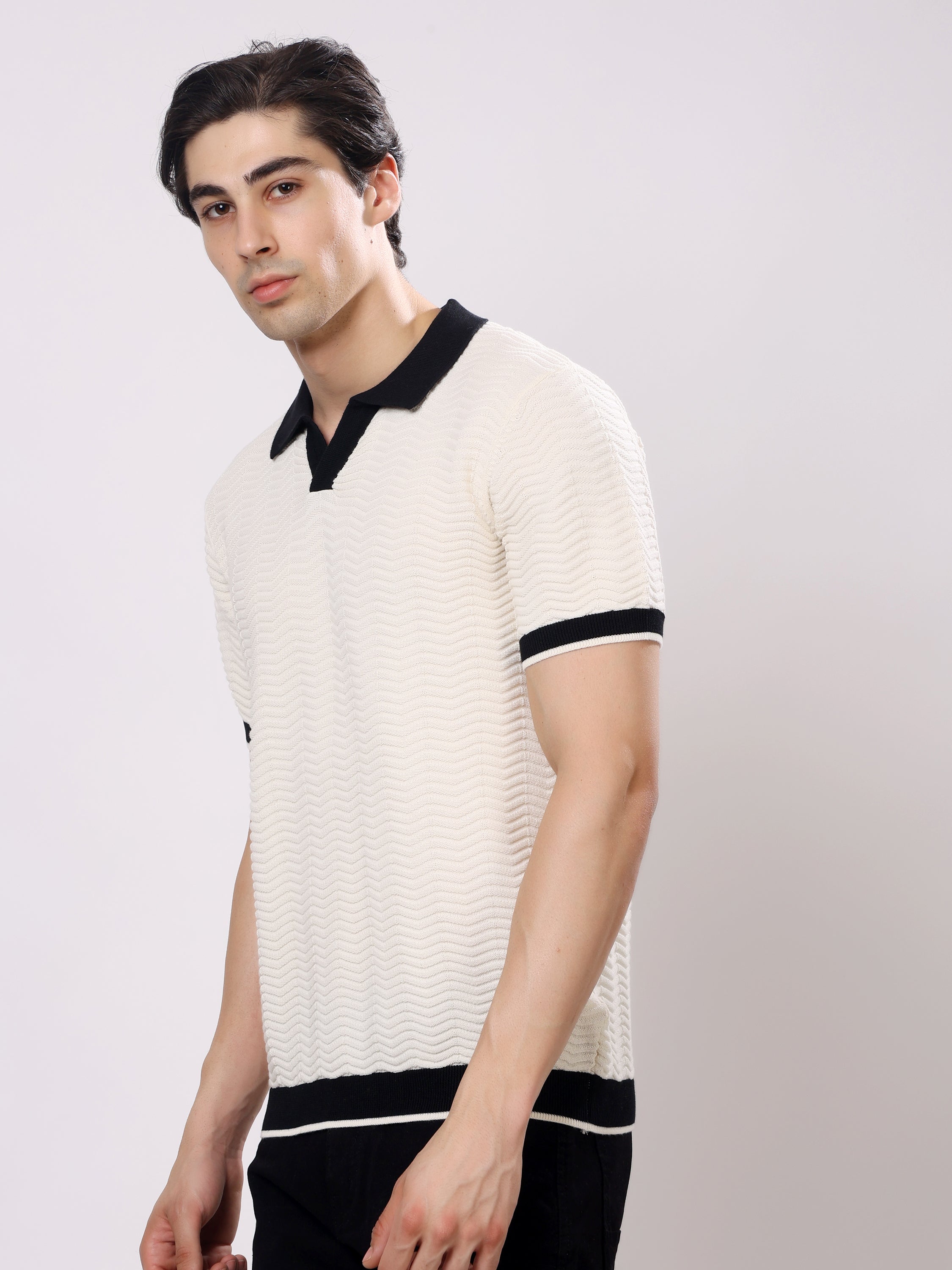 Stylox Men's Regular Fit Half Sleeve Textured Knitted Contrast Collar Polo Tee
