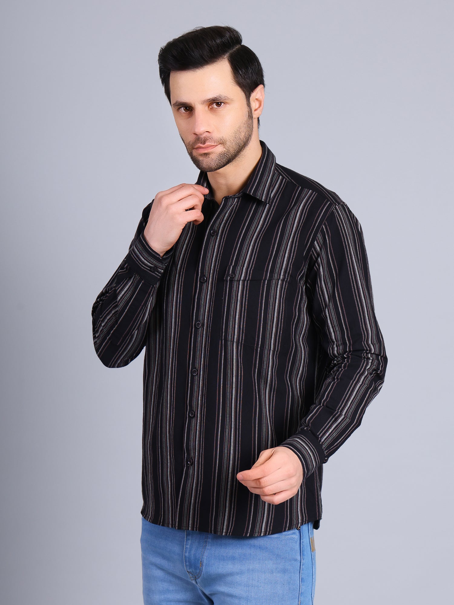 Stylox Men’s Regular Fit Full Sleeve Stripes Casual Shirt for Everyday & Office Wear (Black)
