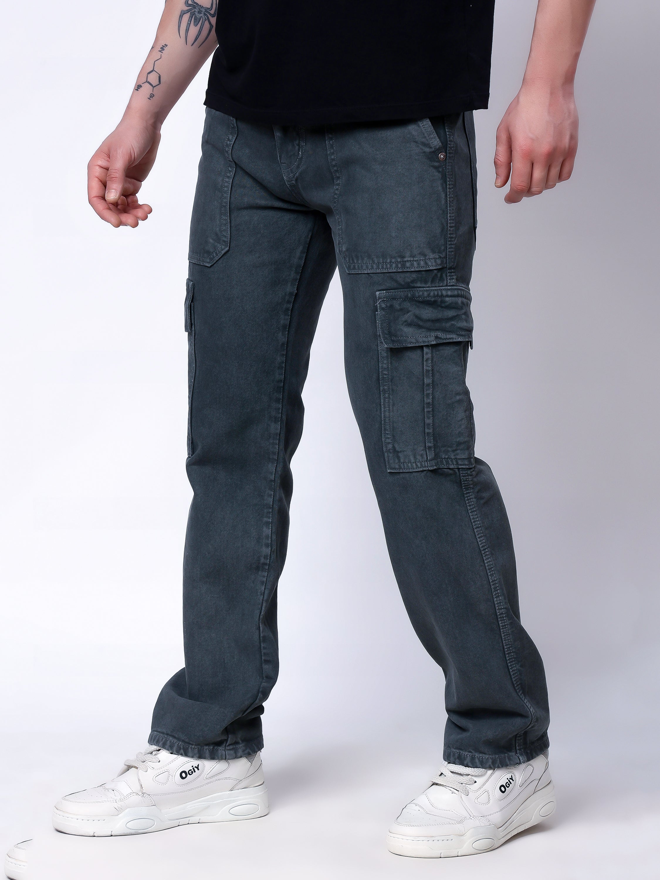 Stylox Men’s Comfort Fit Non-Stretch Cargo Jeans with Multi Pockets-Mid Green