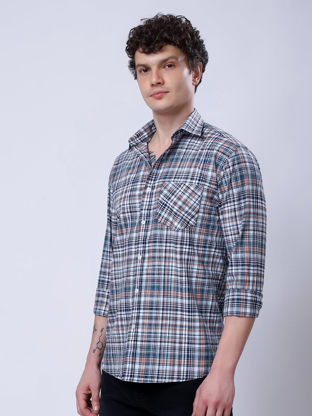 Stylox Men’s Regular Fit Full Sleeve Casual Check Shirt–Grey &amp; Brown - Stylox