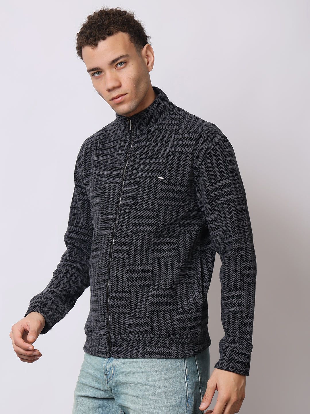 Stylox Men’s Black Textured Full-Zip Winter Jacket – Warm Fleece-Lined High Neck Sweatshirt for Casual Wear