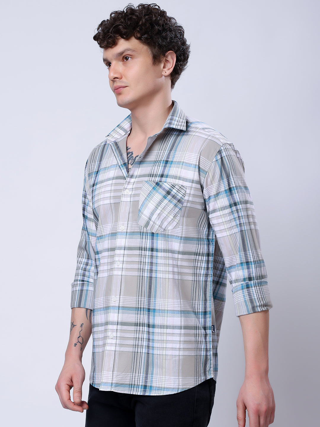 Stylox Men’s Regular Fit Full Sleeve Casual Check Shirt–Grey & Blue - Stylox