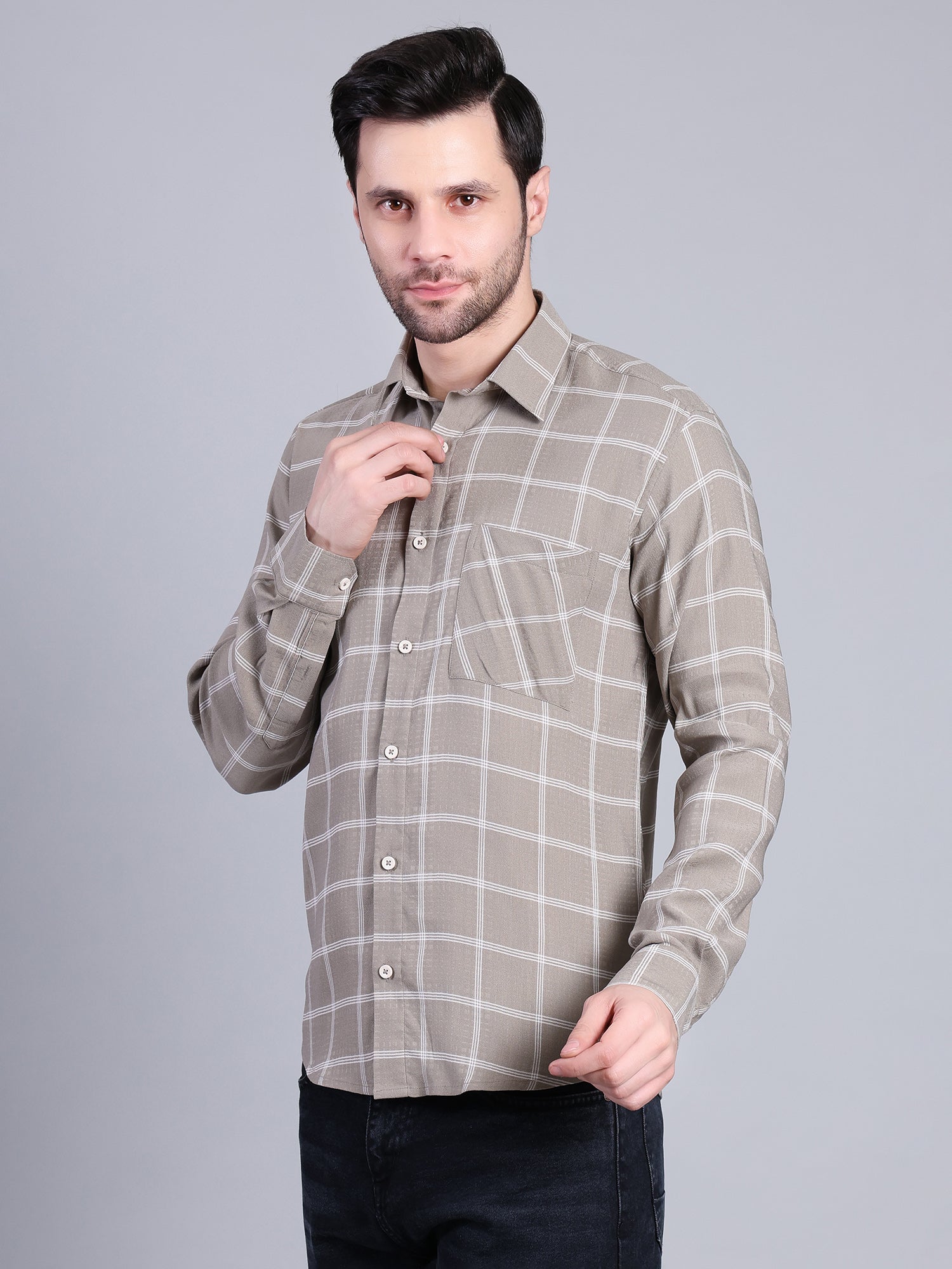 Stylox Men’s Checkered Full Sleeve Casual Shirt-Light Olive - Stylox