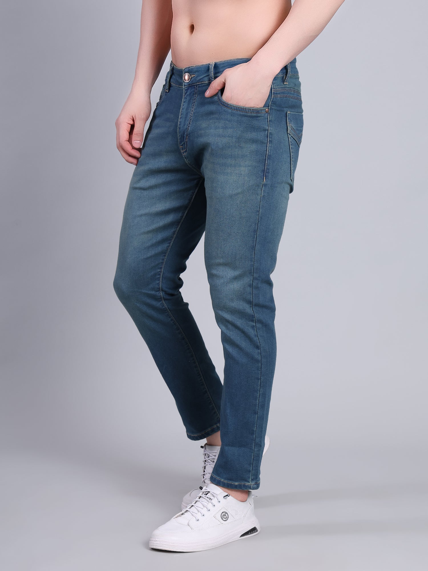 Stylox Men’s Ankle Fit Mid Rise Stretchable Denim Jeans-Greenish Blue - Stylox