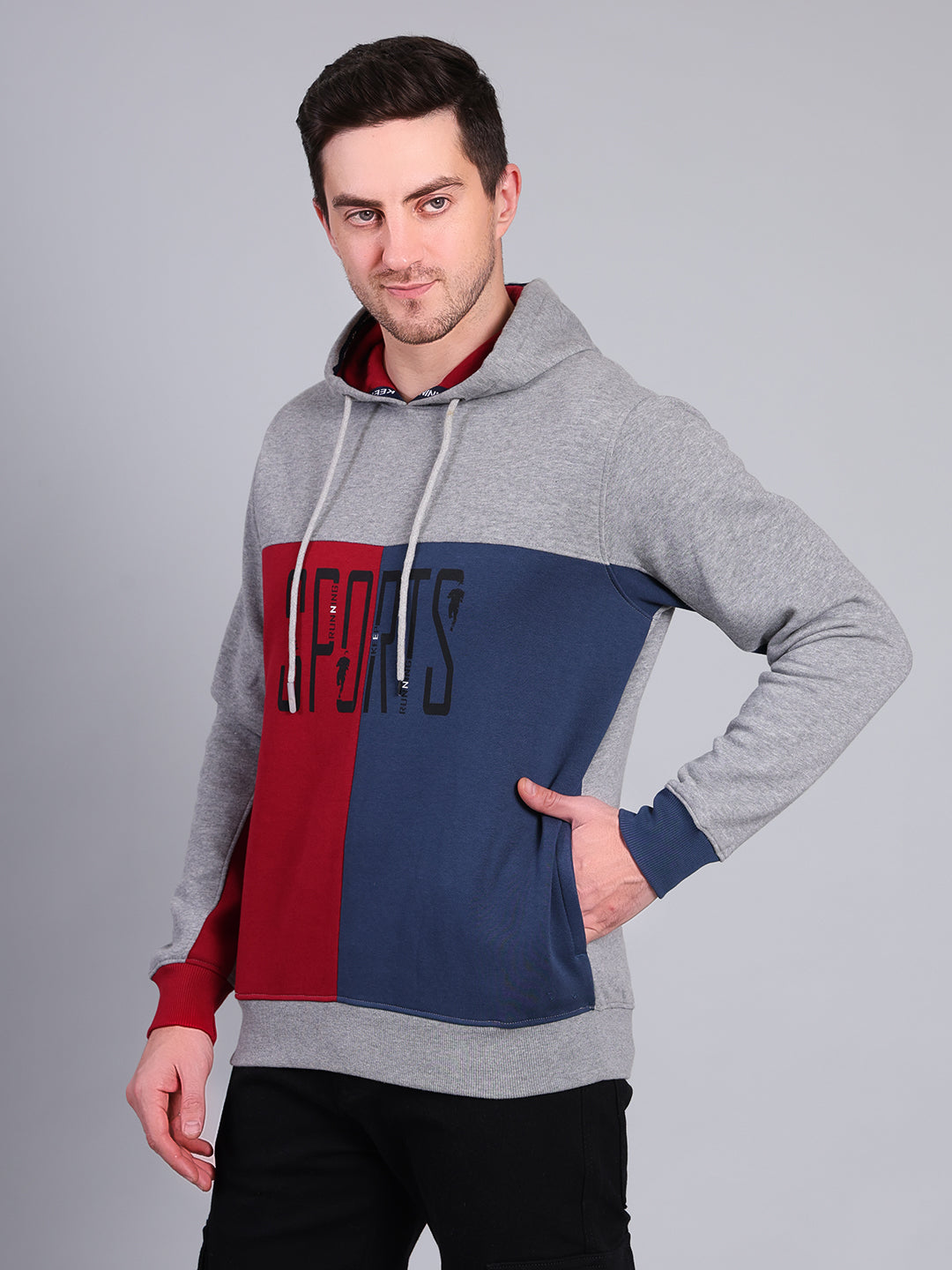 Stylox Men’s Winter Colorblock Printed Hoodie | Pullover Hooded Sweatshirt with Side Pocket (Grey) - Stylox