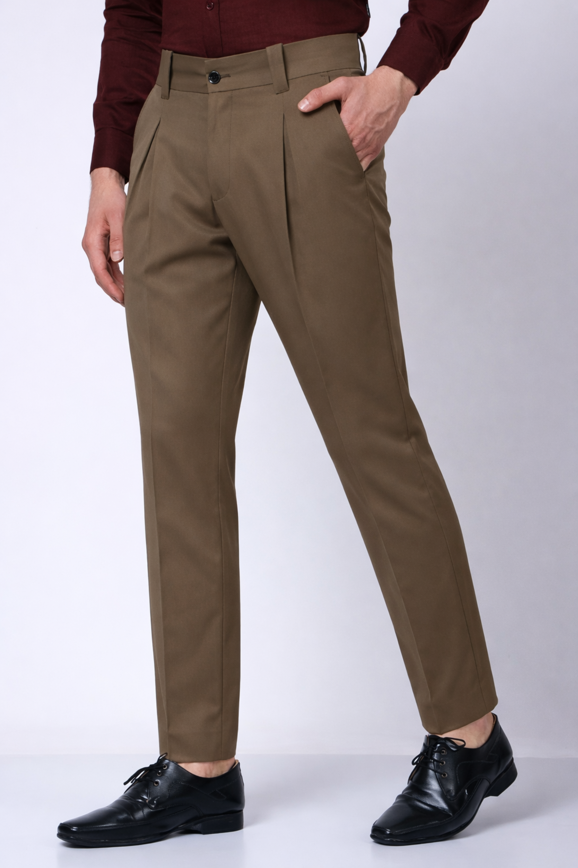 Stylox Men’s Slim Fit Pleated Formal Trousers – Premium Office Wear Pants with Side Pockets-Olive - Stylox
