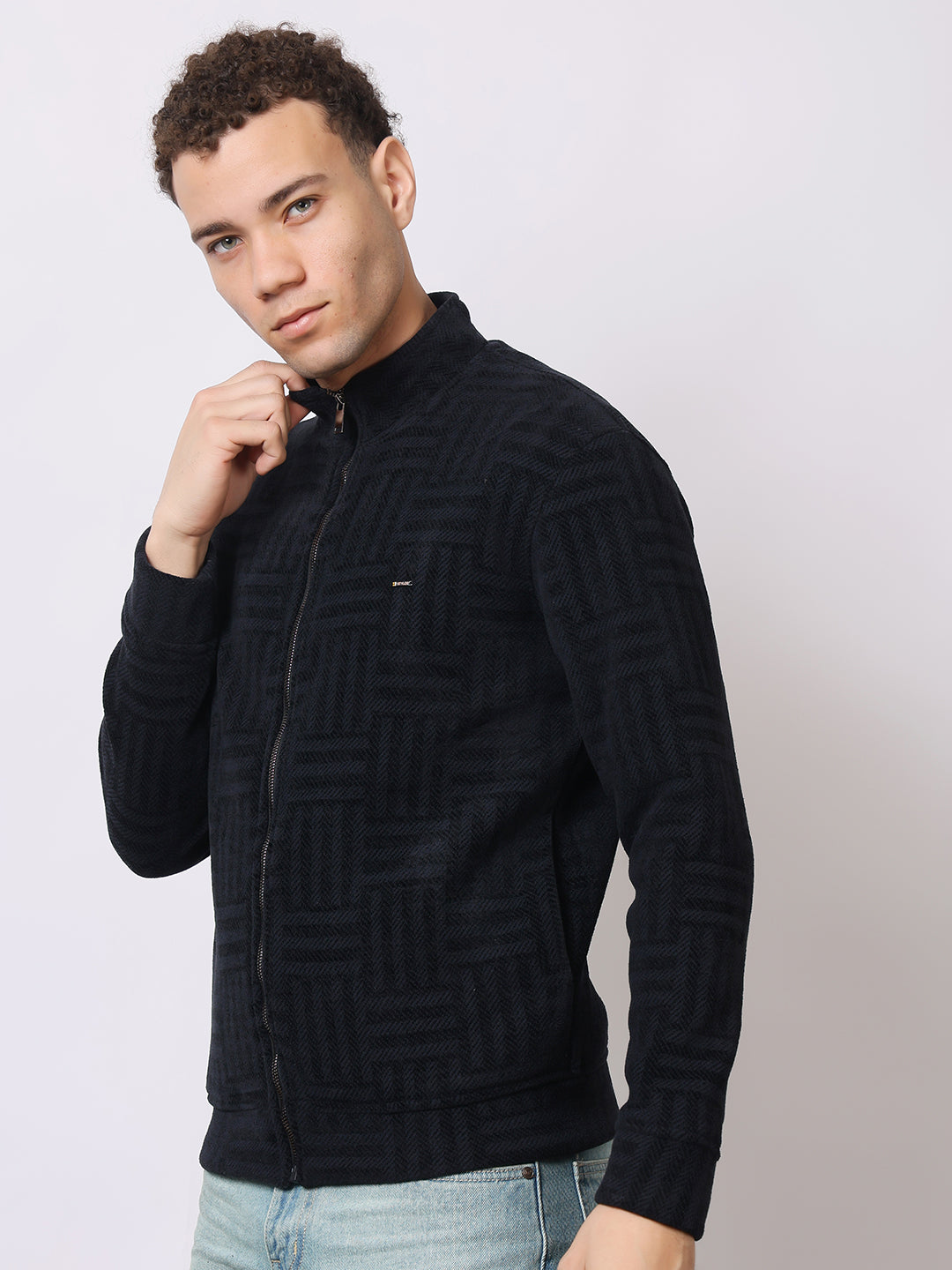 Stylox Men’s Black Textured Full-Zip Winter Jacket – Warm Fleece-Lined High Neck Sweatshirt for Casual Wear