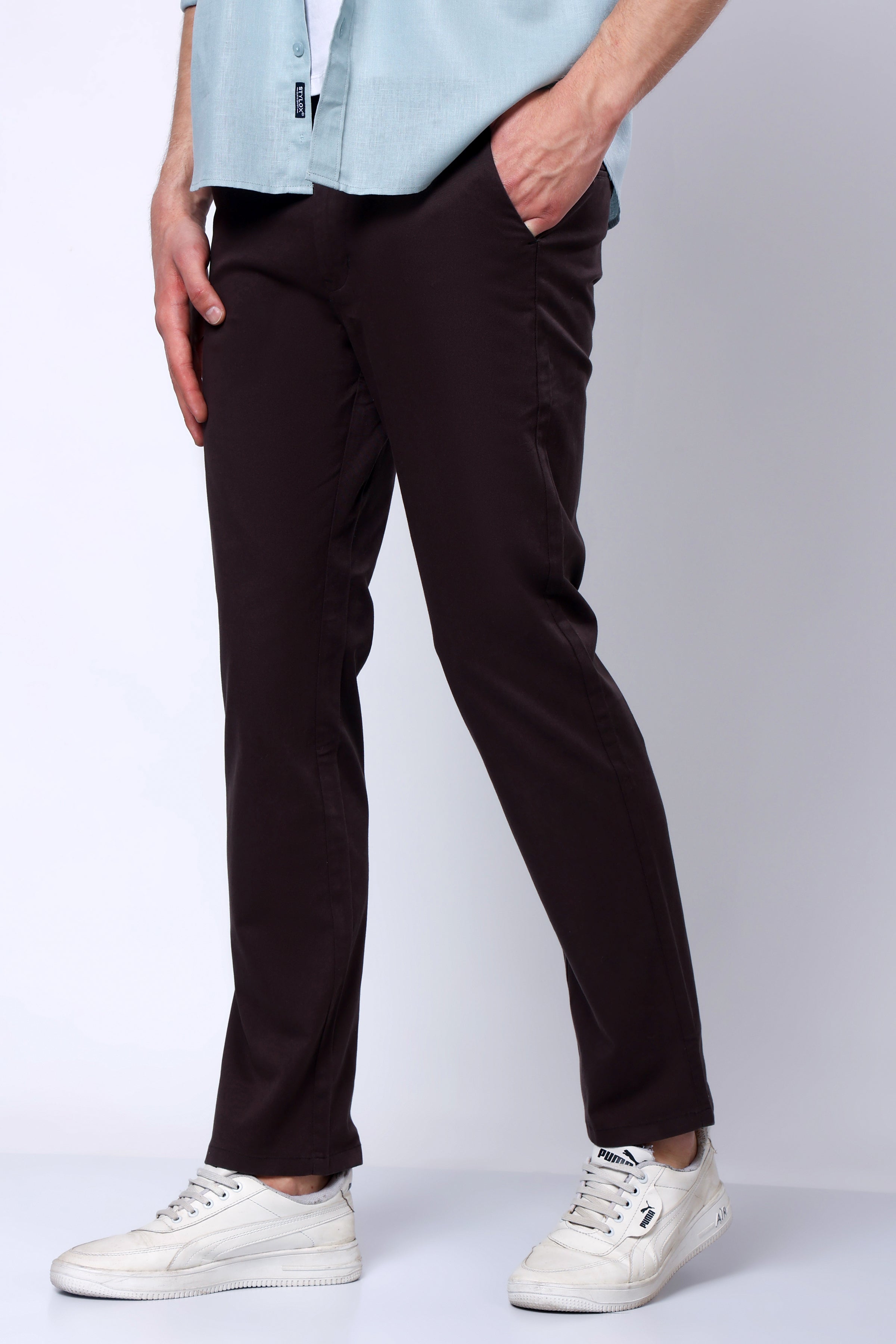 Stylox Men’s Straight Fit Casual Trousers with Comfort-Chocolate Brown - Stylox