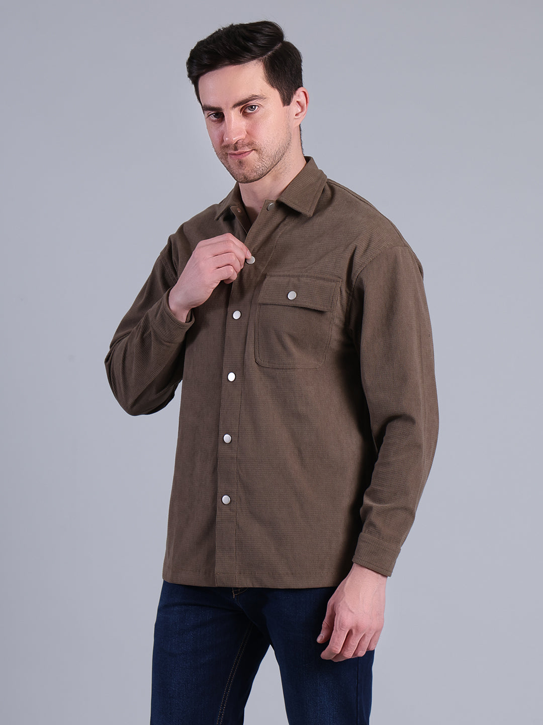 Stylox Men’s Textured Winter Shacket with Snap Button Closure (Khaki)