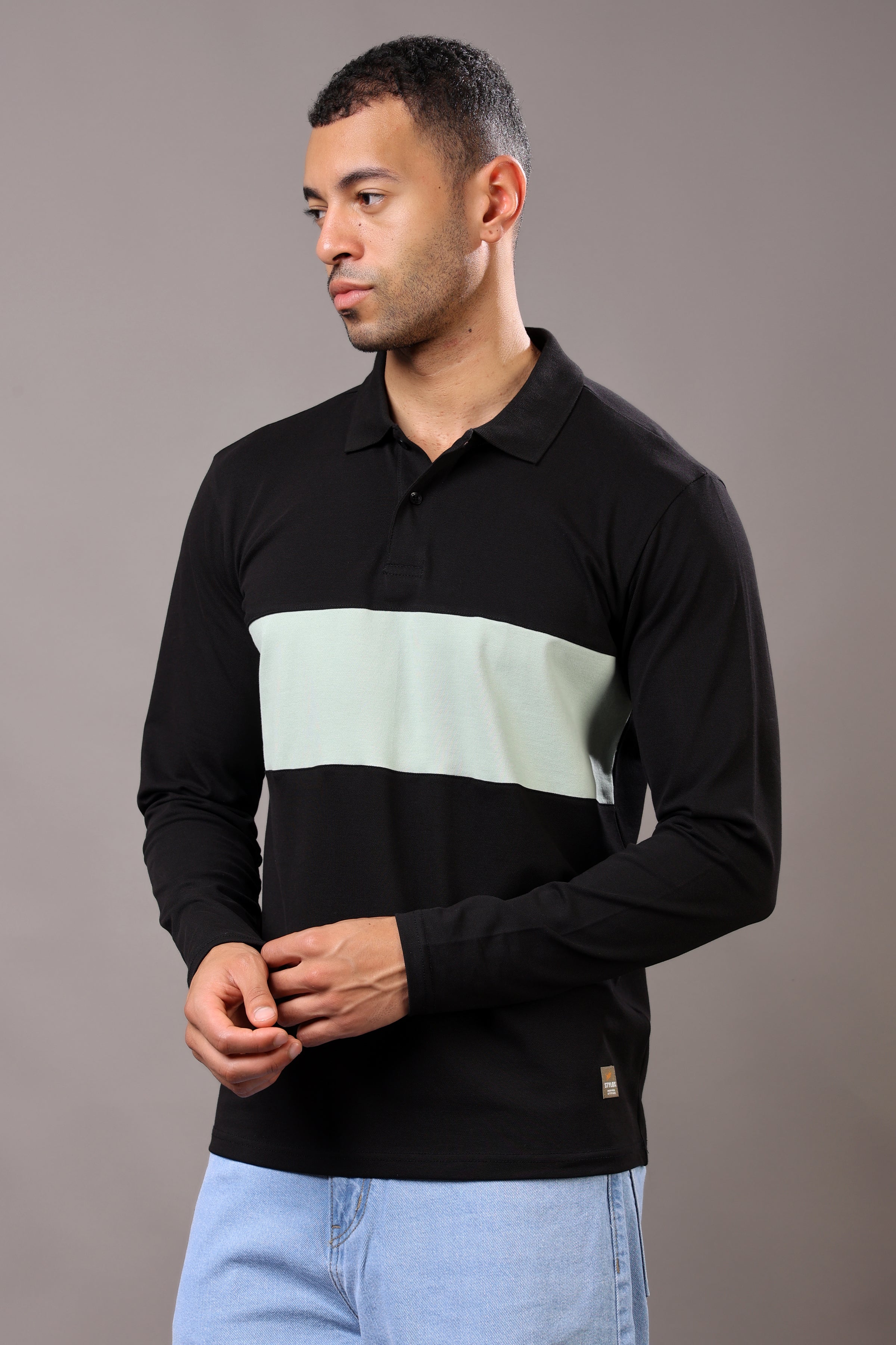 Stylox Men’s Long Sleeve Polo T-Shirt with Cut & Sew Design - Stylox