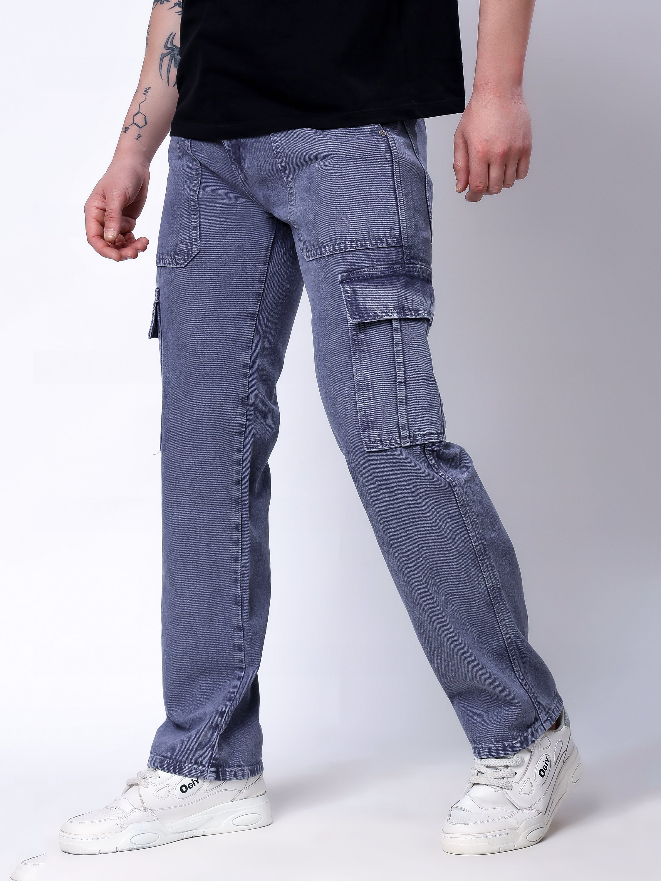 Stylox Men’s Comfort Fit Non-Stretch Cargo Jeans with Multi Pockets-Mid Grey
