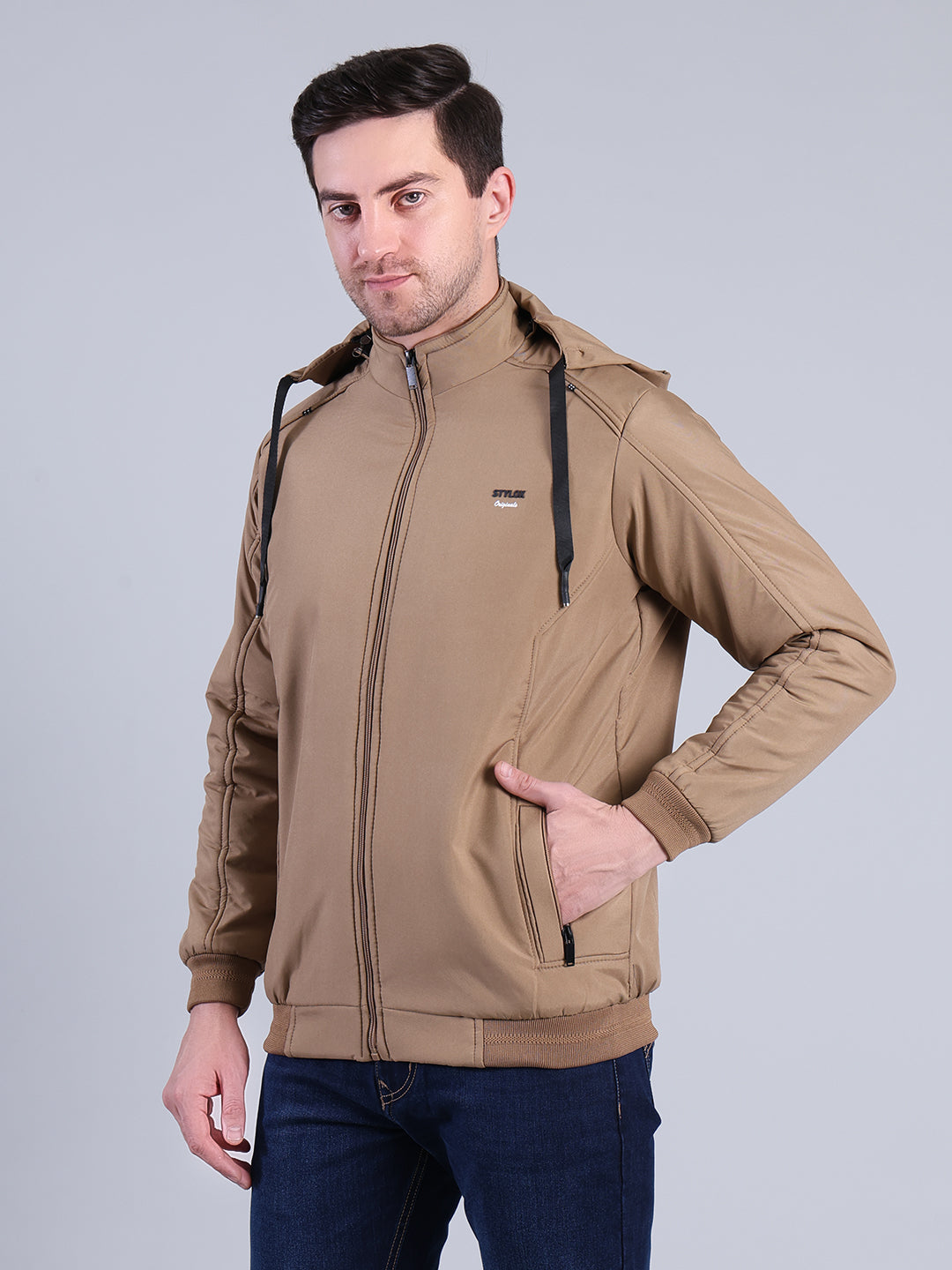 Stylox Men’s Solid Hooded Winter Jacket | Full Sleeve Zip-Up Casual Jacket with Pockets