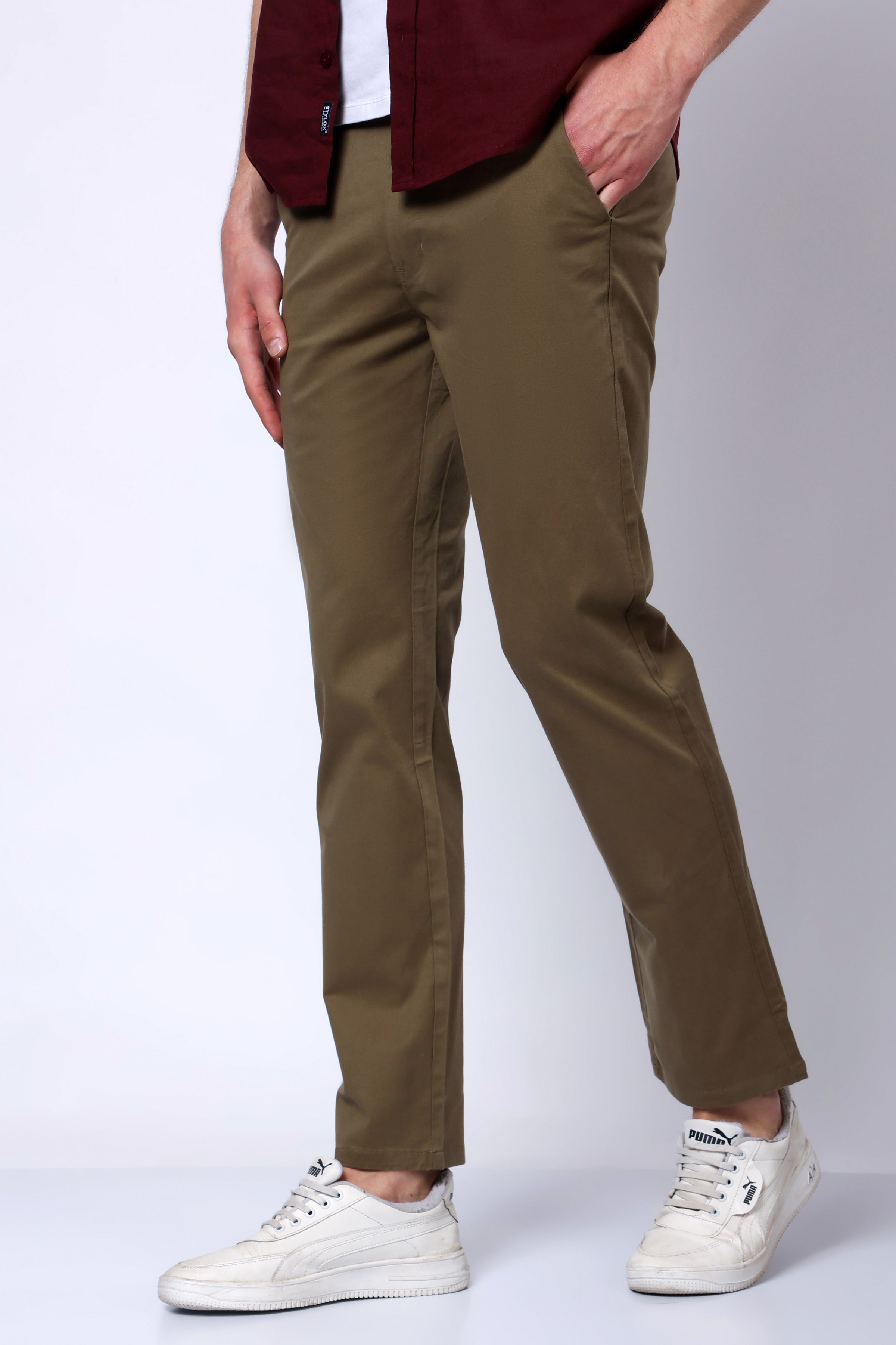 Stylox Men’s Straight Fit Casual Trousers with Comfort-Olive - Stylox