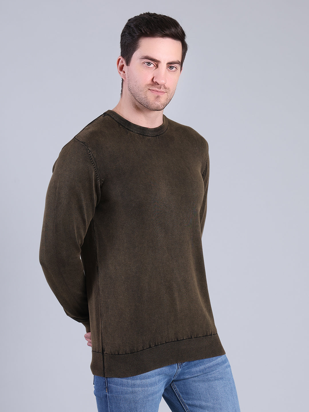 Stylox Men’s Full Sleeve Round Neck Sweater | Solid Slim Fit Knitted Winter Pullover (Olive) - Stylox
