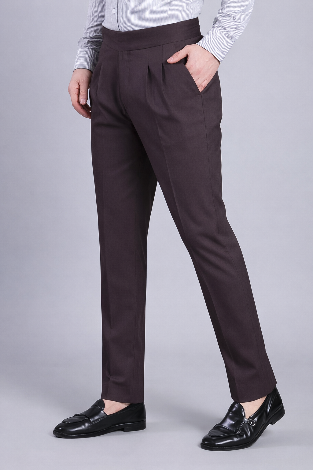 Stylox Men’s Gorkha High Waist Pleated Formal Trousers with Side Adjusters-Charcoal - Stylox