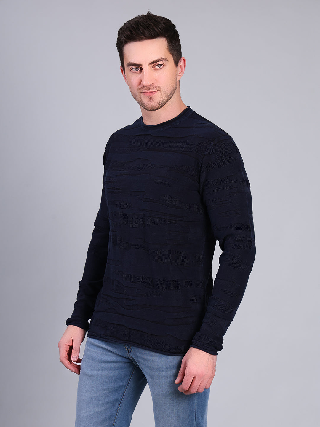 Stylox Men’s Textured Winter Sweater | Full Sleeve Crew Neck Knit Pullover | Premium Casual Wear (Navy) - Stylox