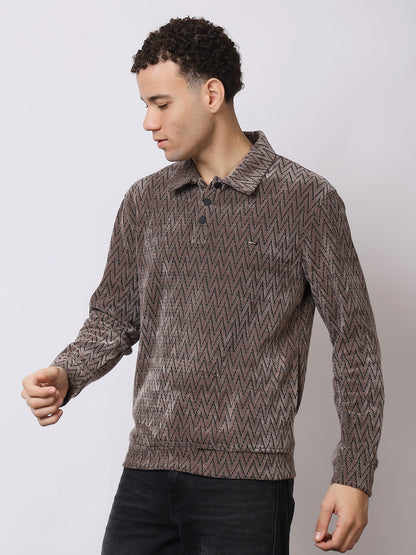 Stylox Men’s Textured Winter Sweatshirt – Chevron Pattern Pullover with Collar &amp; Button Placket