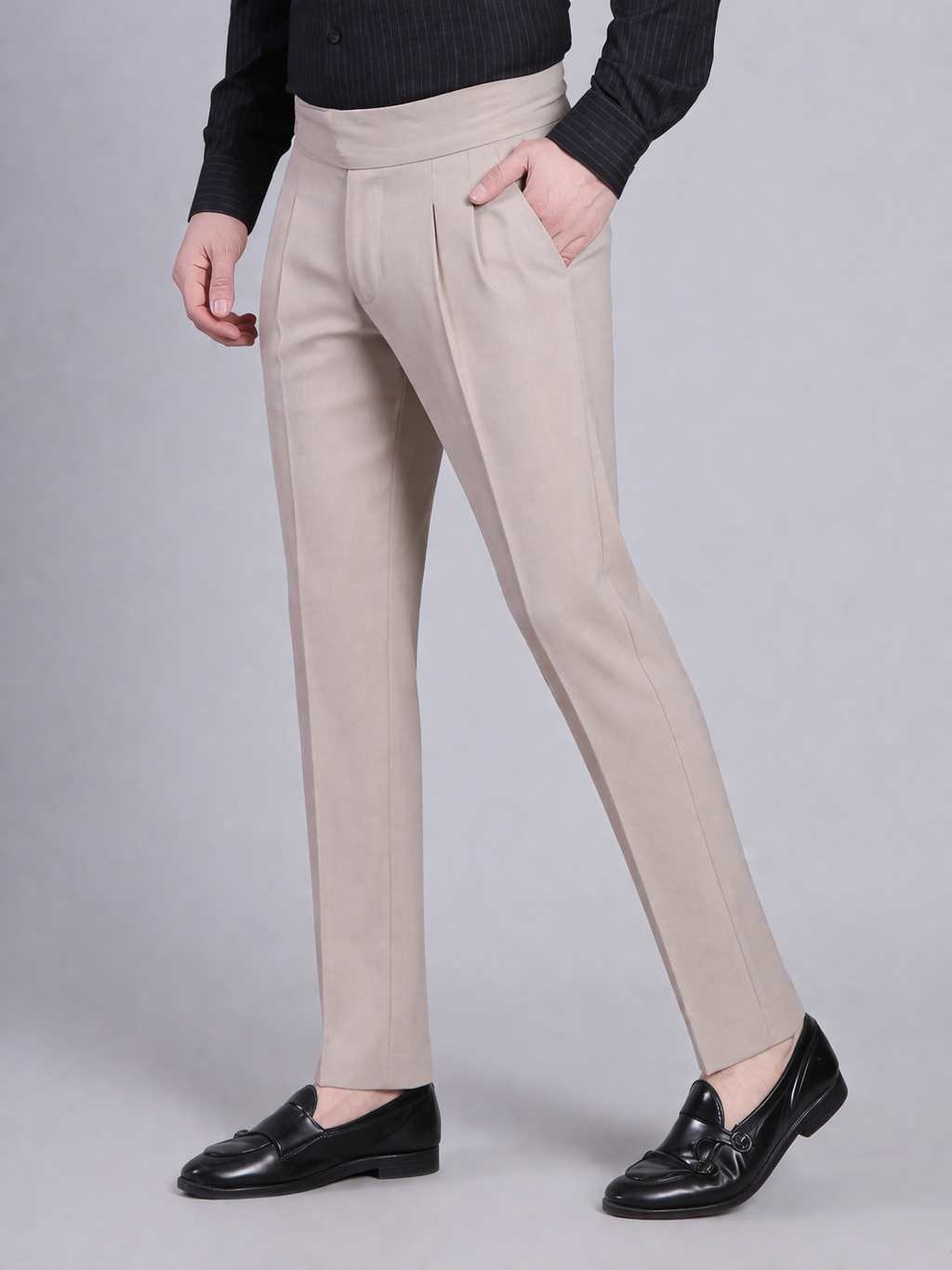 Stylox Men’s Gorkha High Waist Pleated Formal Trousers with Side Adjusters-Beige - Stylox