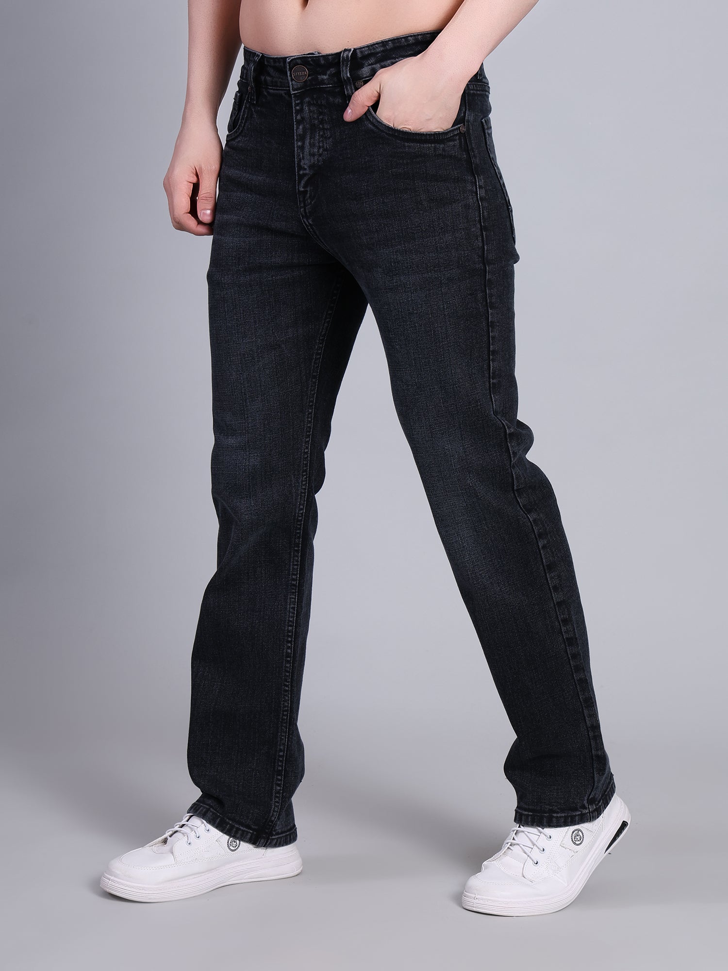 Stylox Men’s Mid-Rise Straight Fit Classic Washed Denim Jeans-Grey - Stylox