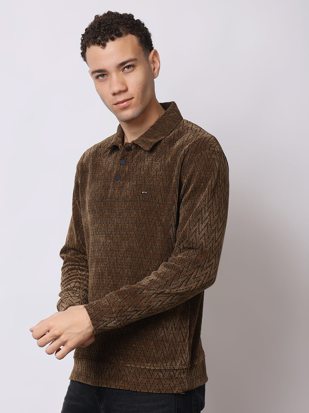 Stylox Men’s Textured Winter Sweatshirt – Chevron Pattern Pullover with Collar & Button Placket
