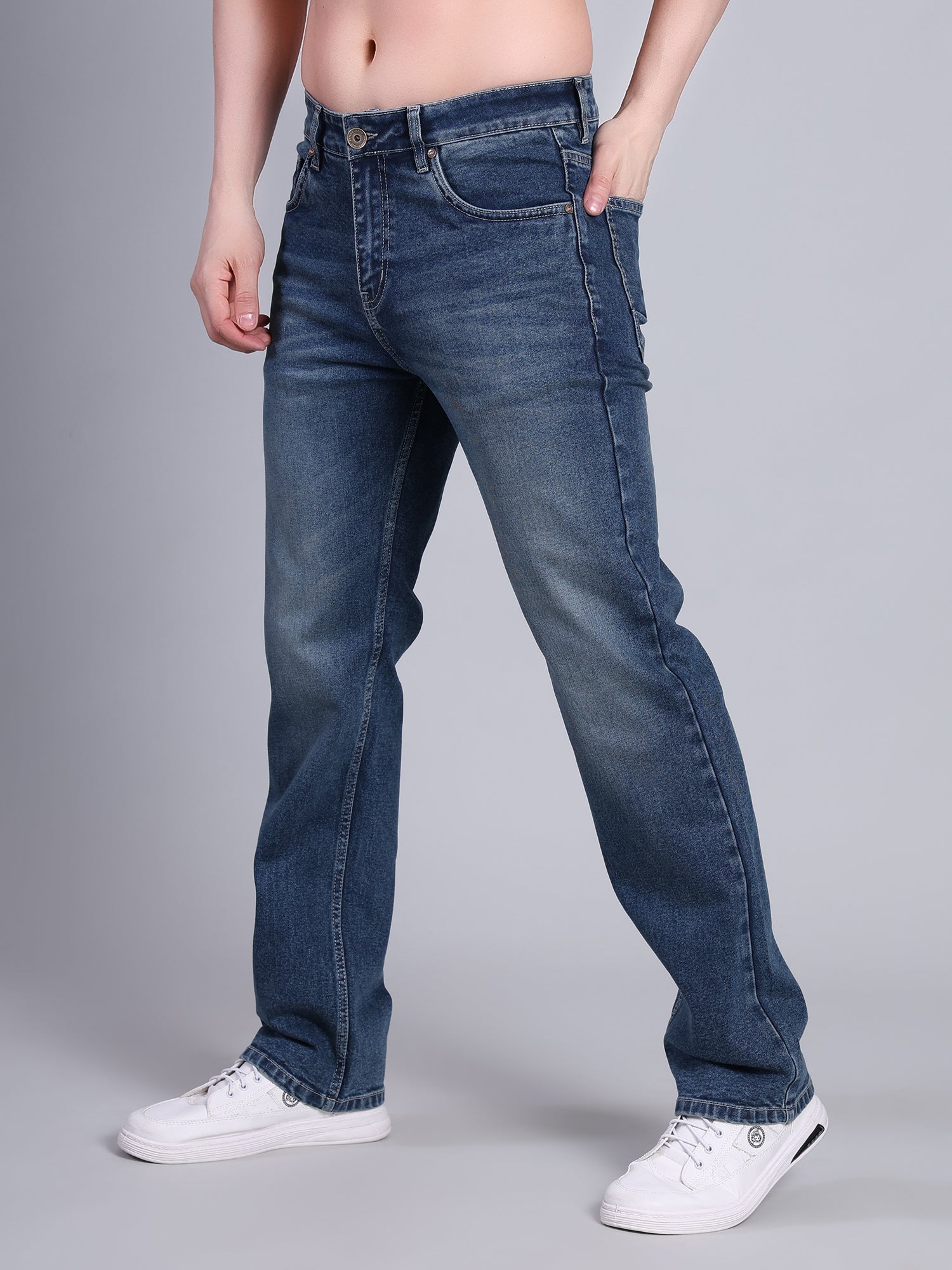 Stylox Men’s Mid-Rise Straight Fit Classic Washed Stretched Denim Jeans-Greenish Blue - Stylox