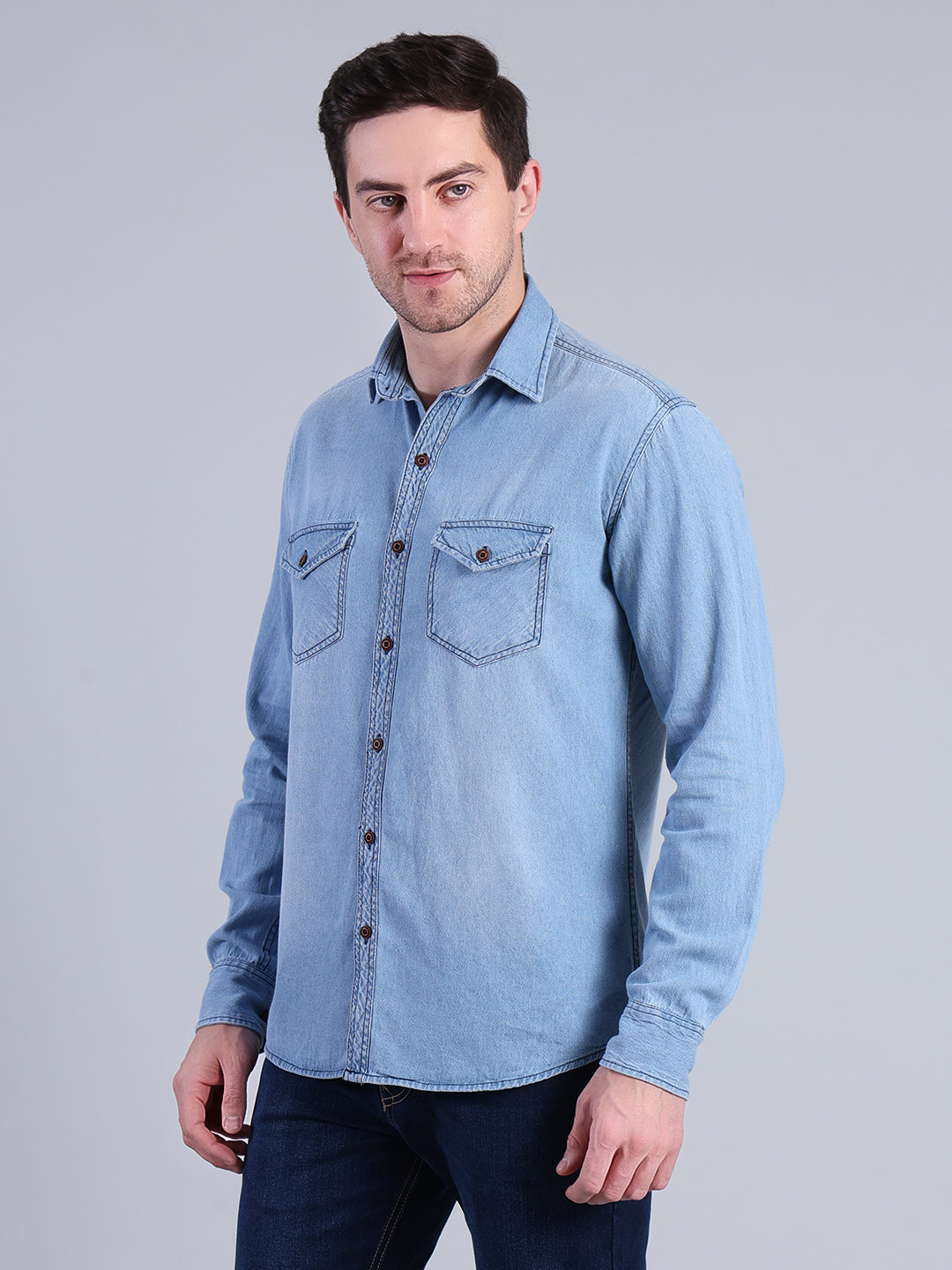 Stylox Men’s Light Wash Denim Shirt with Dual Chest Pockets - Stylox