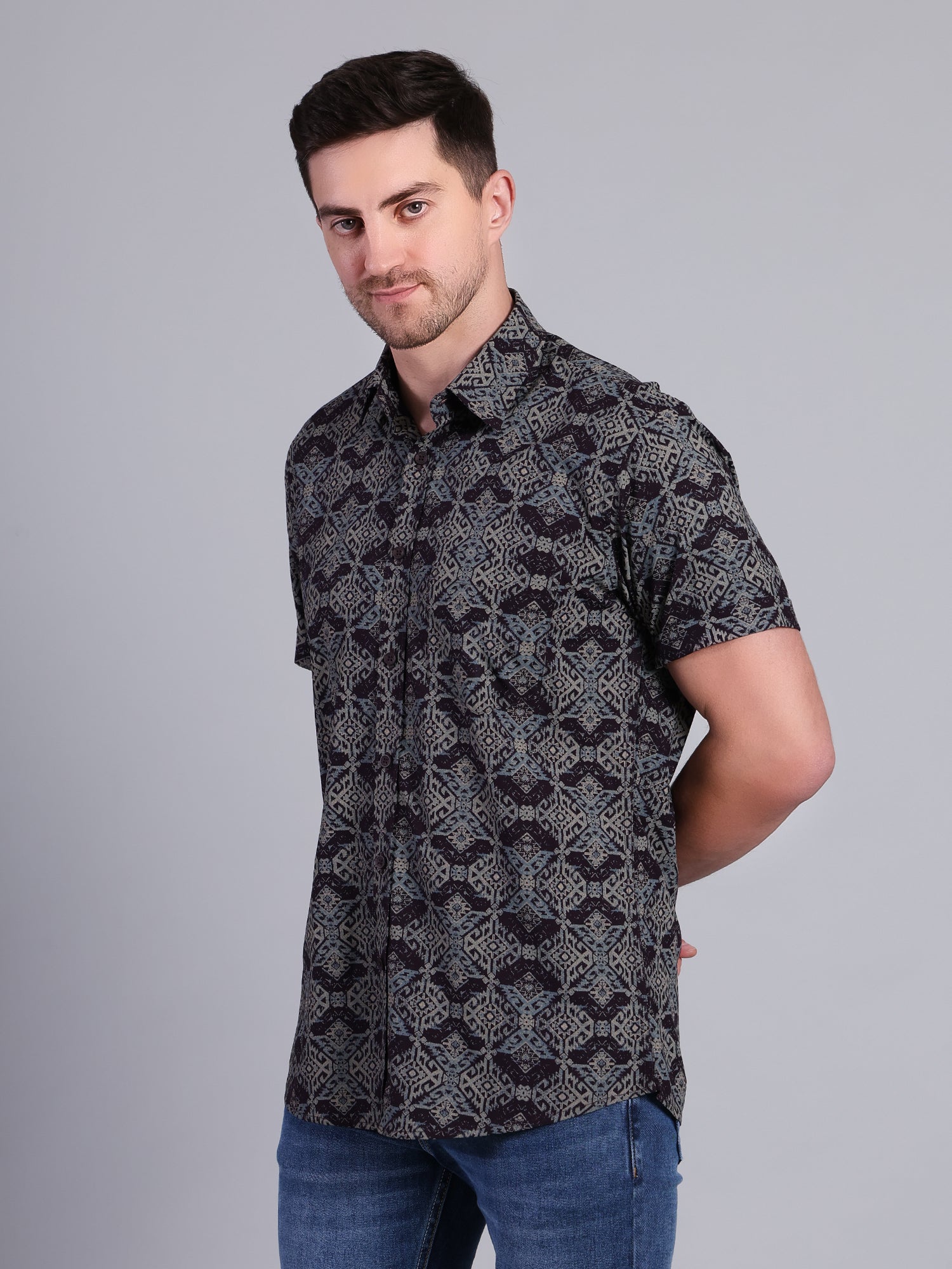 Stylox Men’s Regular Fit Geometric Printed Half Sleeve Casual Shirt-Violet - Stylox