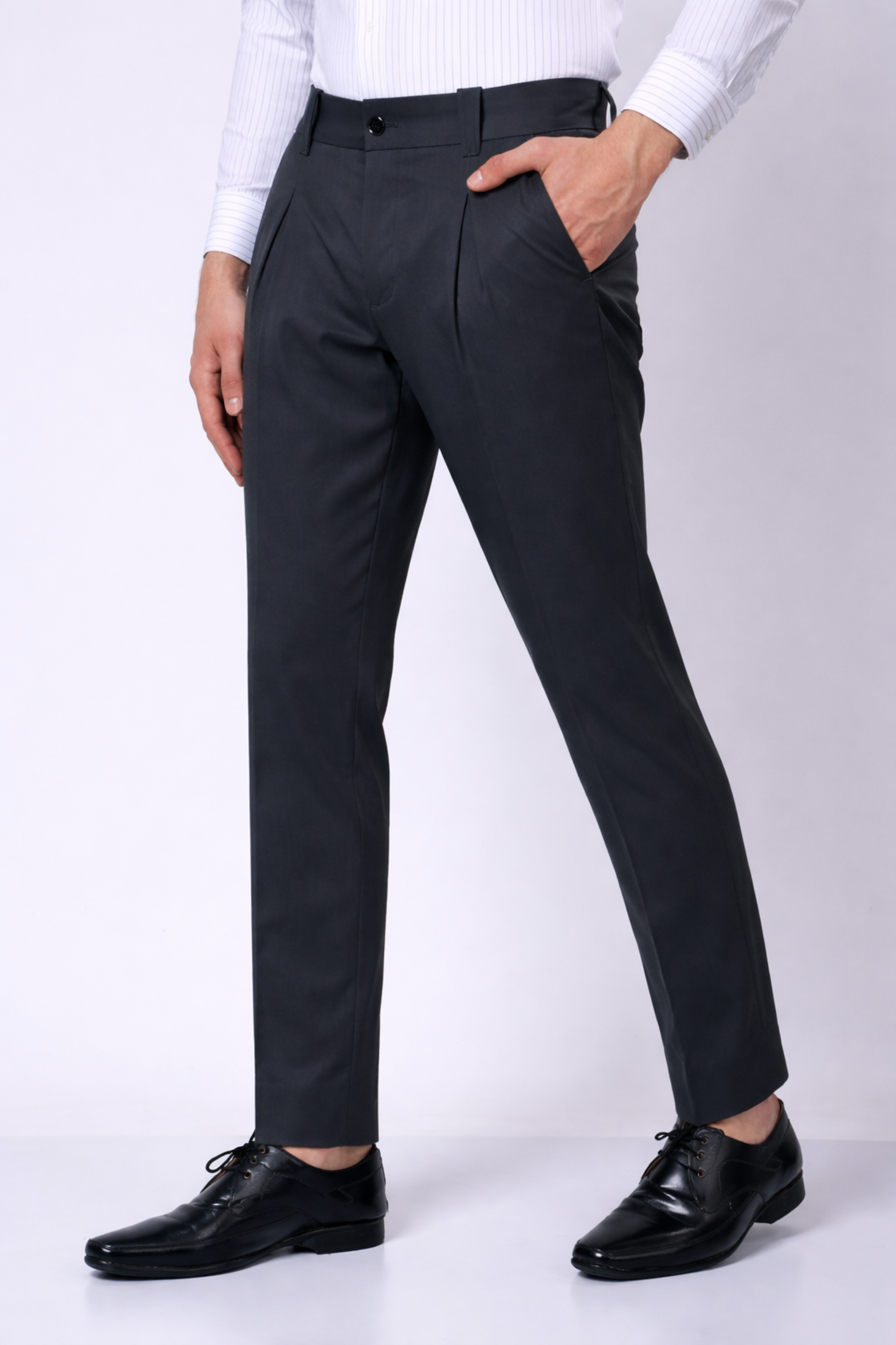 Stylox Men’s Slim Fit Pleated Formal Trousers – Premium Office Wear Pants with Side Pockets-Dark Grey - Stylox