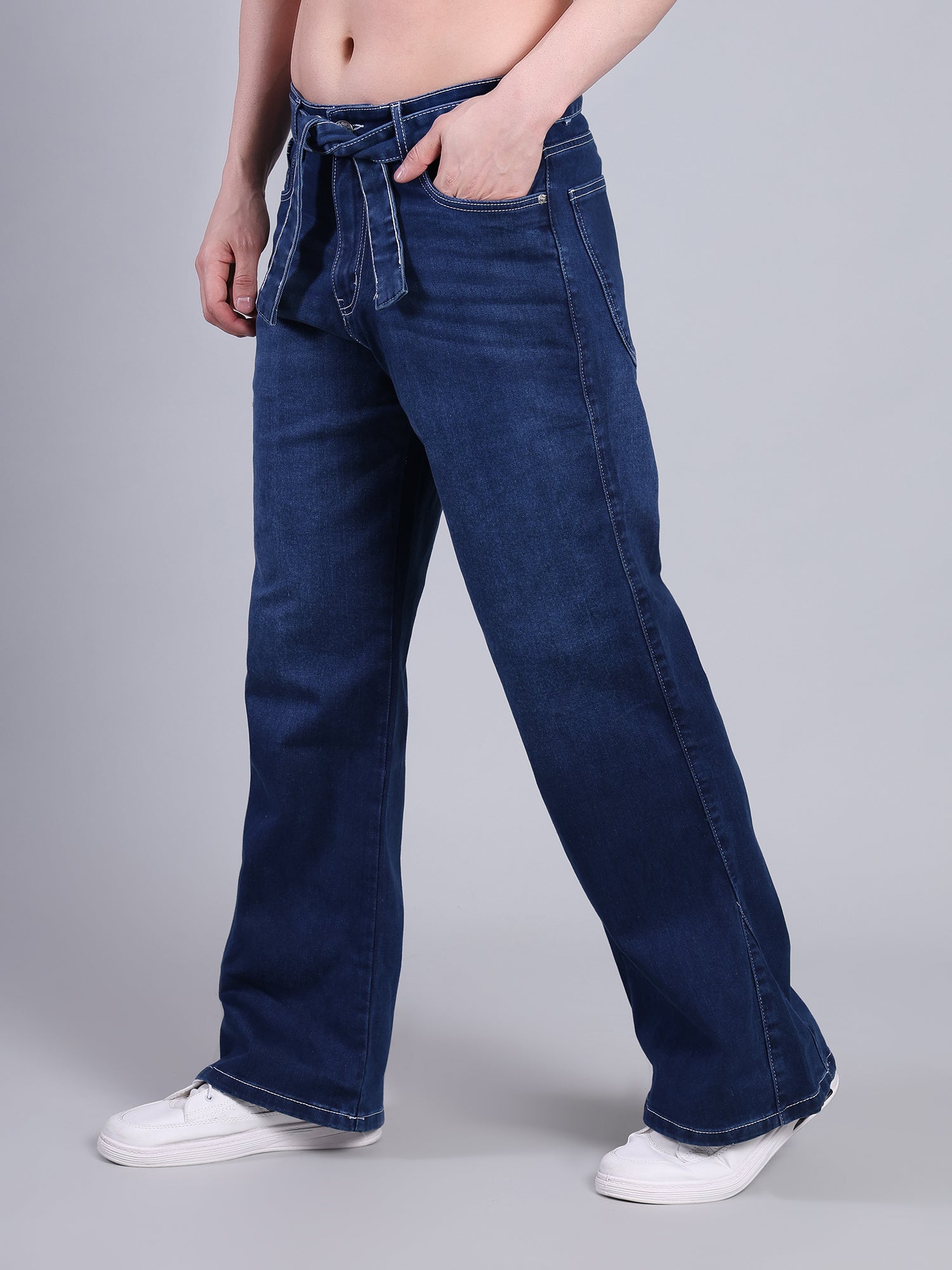 Stylox Men’s Baggy Fit Non-Stretch Rigid Denim Wide Leg Jeans with Tie Belt-Dark Blue - Stylox