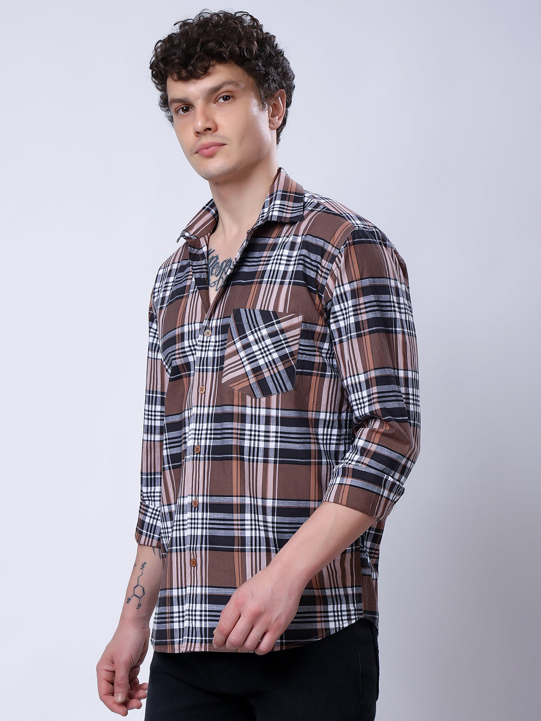Stylox Men’s Regular Fit Full Sleeve Casual Check Shirt–Brown &amp; Black - Stylox