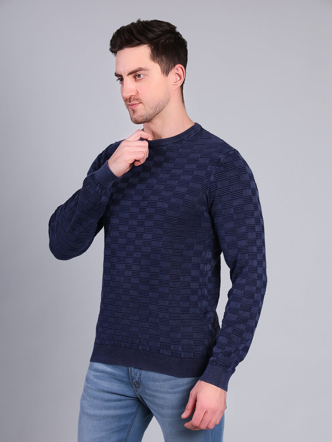 Stylox Men’s Textured Winter Sweater | Crew Neck Full Sleeve Knit Pullover | Premium Casual Wear (Navy Blue) - Stylox