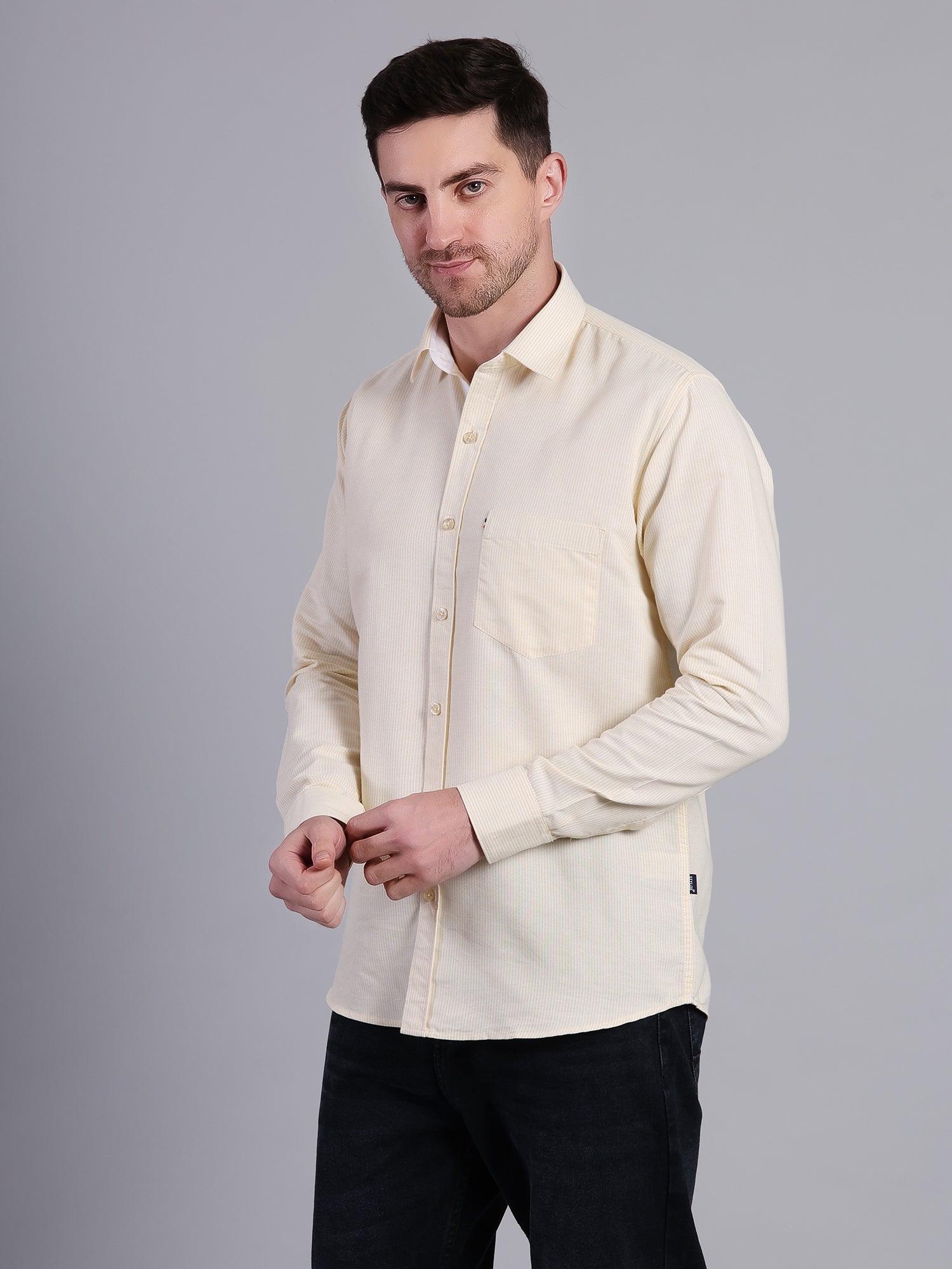 Stylox Men’s Green Striped Casual Shirt | Regular Fit Cotton Shirt for Men - Yellow - Stylox