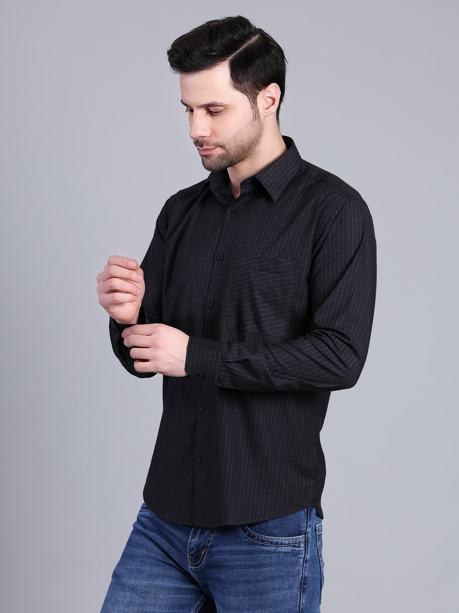 Stylox Men’s Regular Fit Vertical Striped Full Sleeve Casual Shirt-Black - Stylox